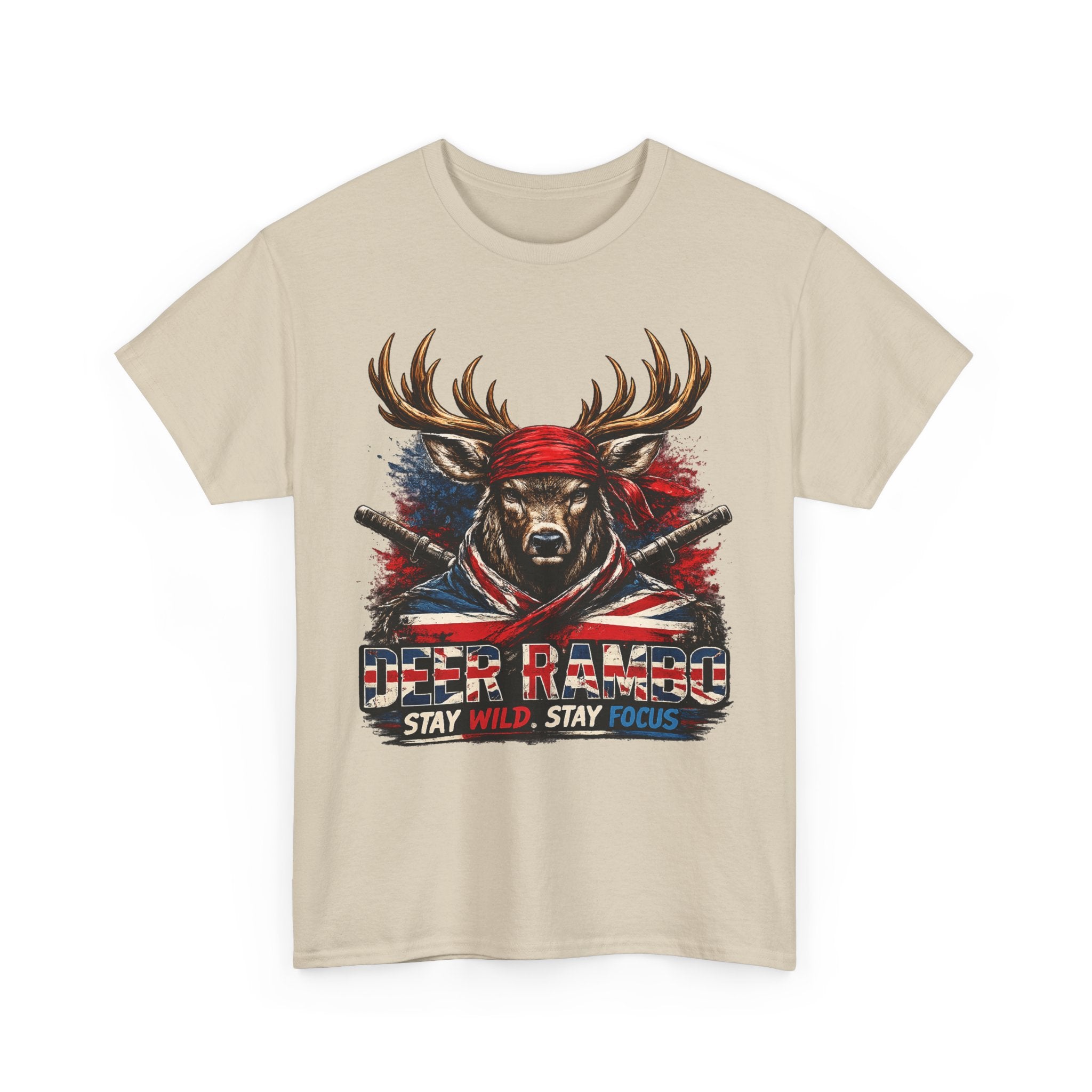 Deer Rambo Patriotic T‑Shirt — "Stay Wild, Stay Focus" Hunting Tee