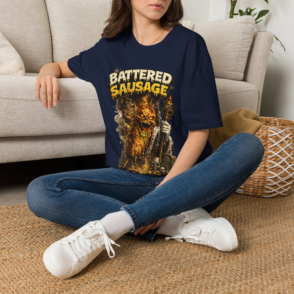 Battered Sausage Graphic T‑Shirt — Flaming Horror Band Tee