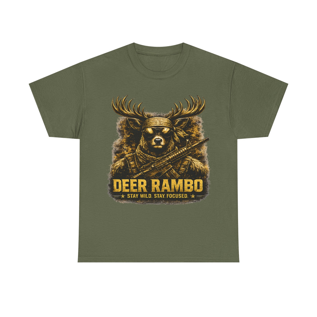 Deer Rambo Tee — 'Stay Wild, Stay Focused' Hunting Graphic T-Shirt
