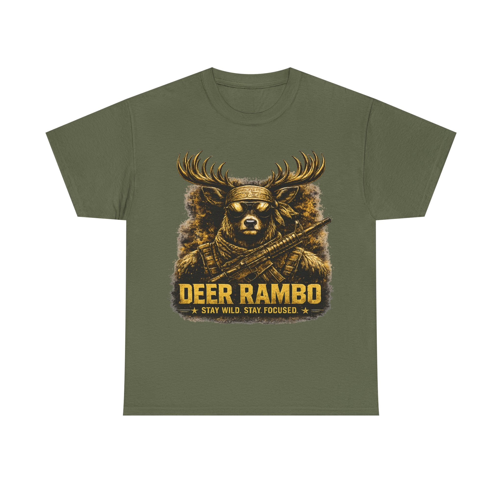 Deer Rambo Tee — 'Stay Wild, Stay Focused' Hunting Graphic T-Shirt