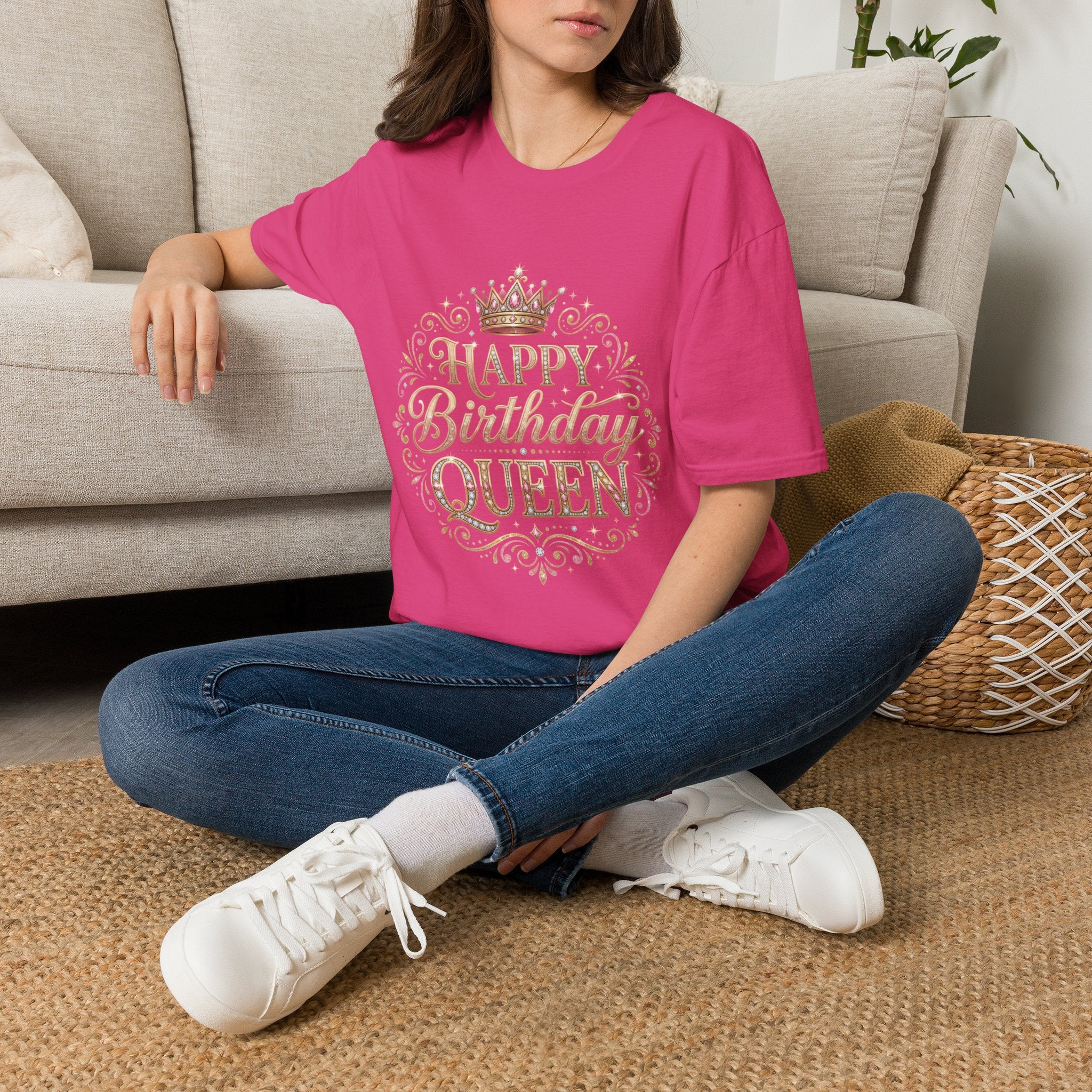 Happy Birthday Queen T-Shirt — Decorative Crown Birthday Tee for Women