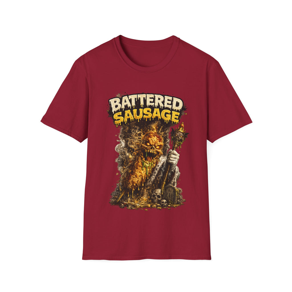 Battered Sausage Graphic T‑Shirt — Flaming Horror Band Tee
