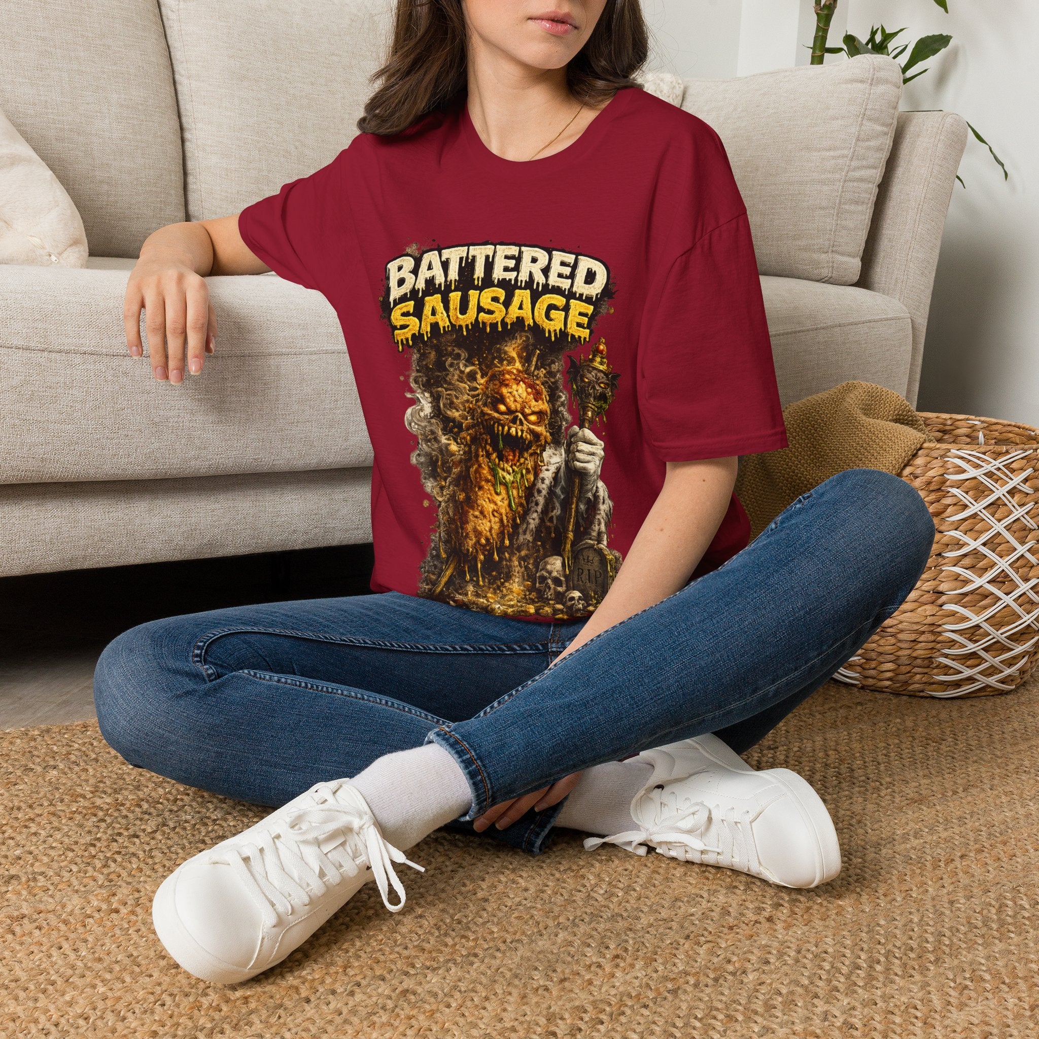 Battered Sausage Graphic T‑Shirt — Flaming Horror Band Tee