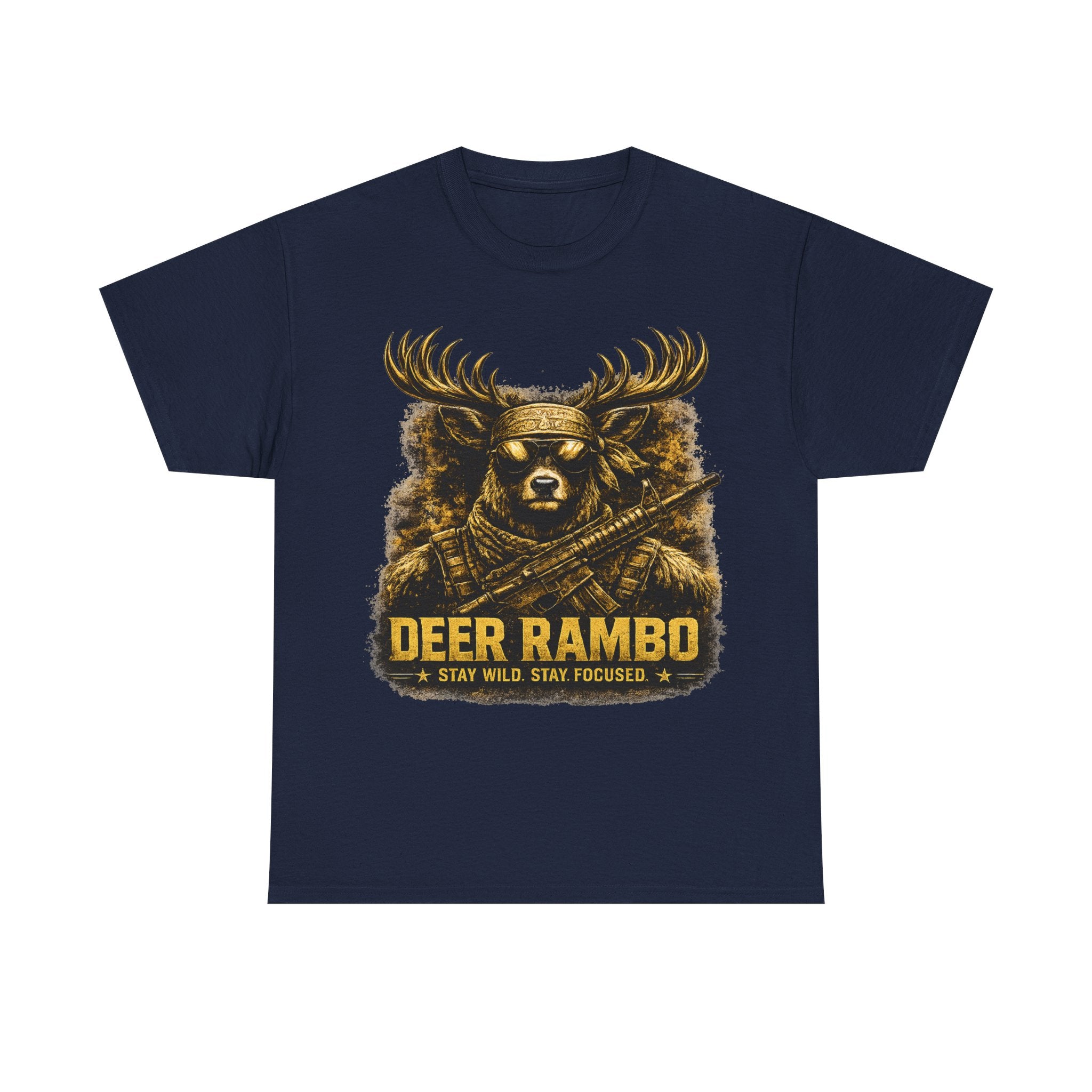 Deer Rambo Tee — 'Stay Wild, Stay Focused' Hunting Graphic T-Shirt