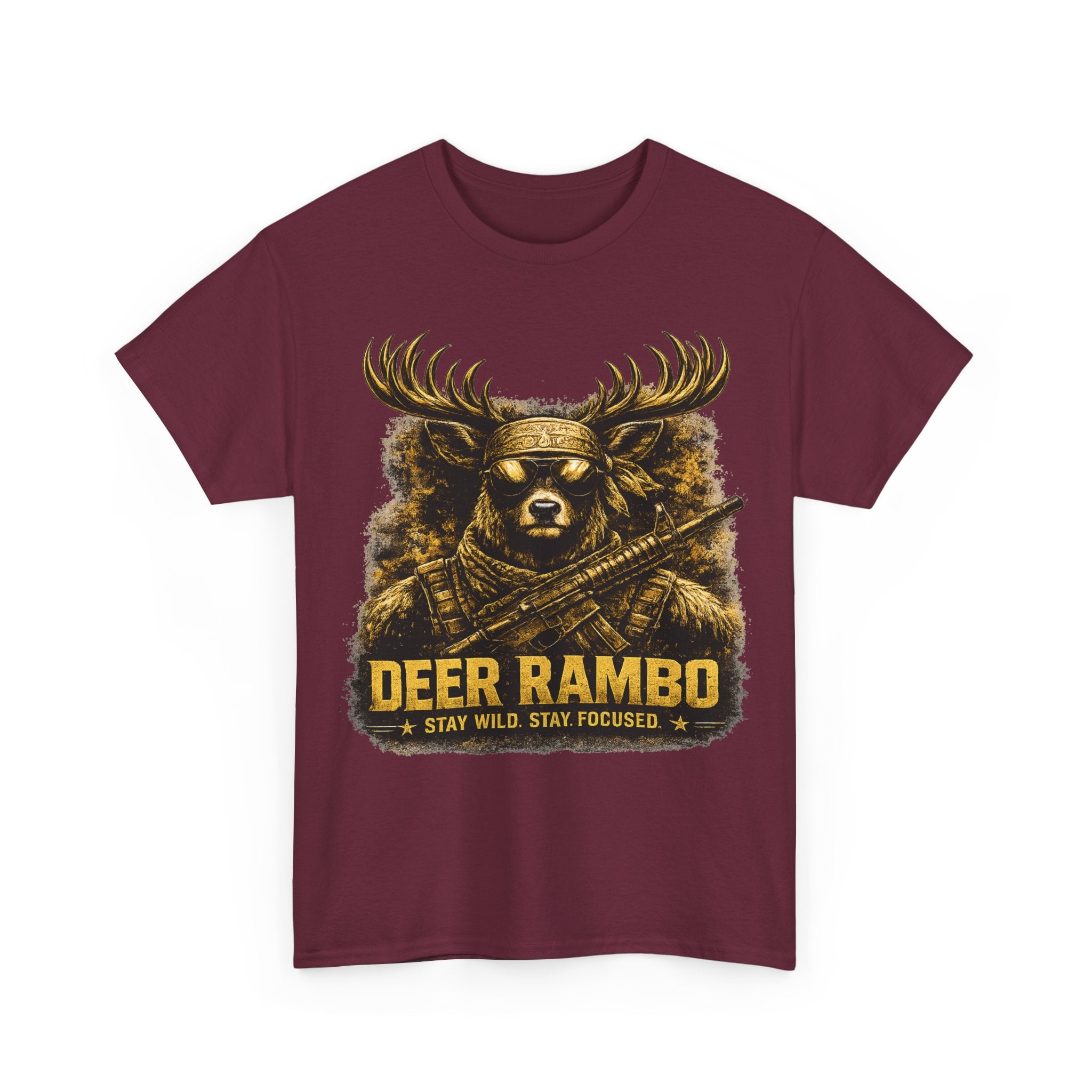 Deer Rambo Tee — 'Stay Wild, Stay Focused' Hunting Graphic T-Shirt