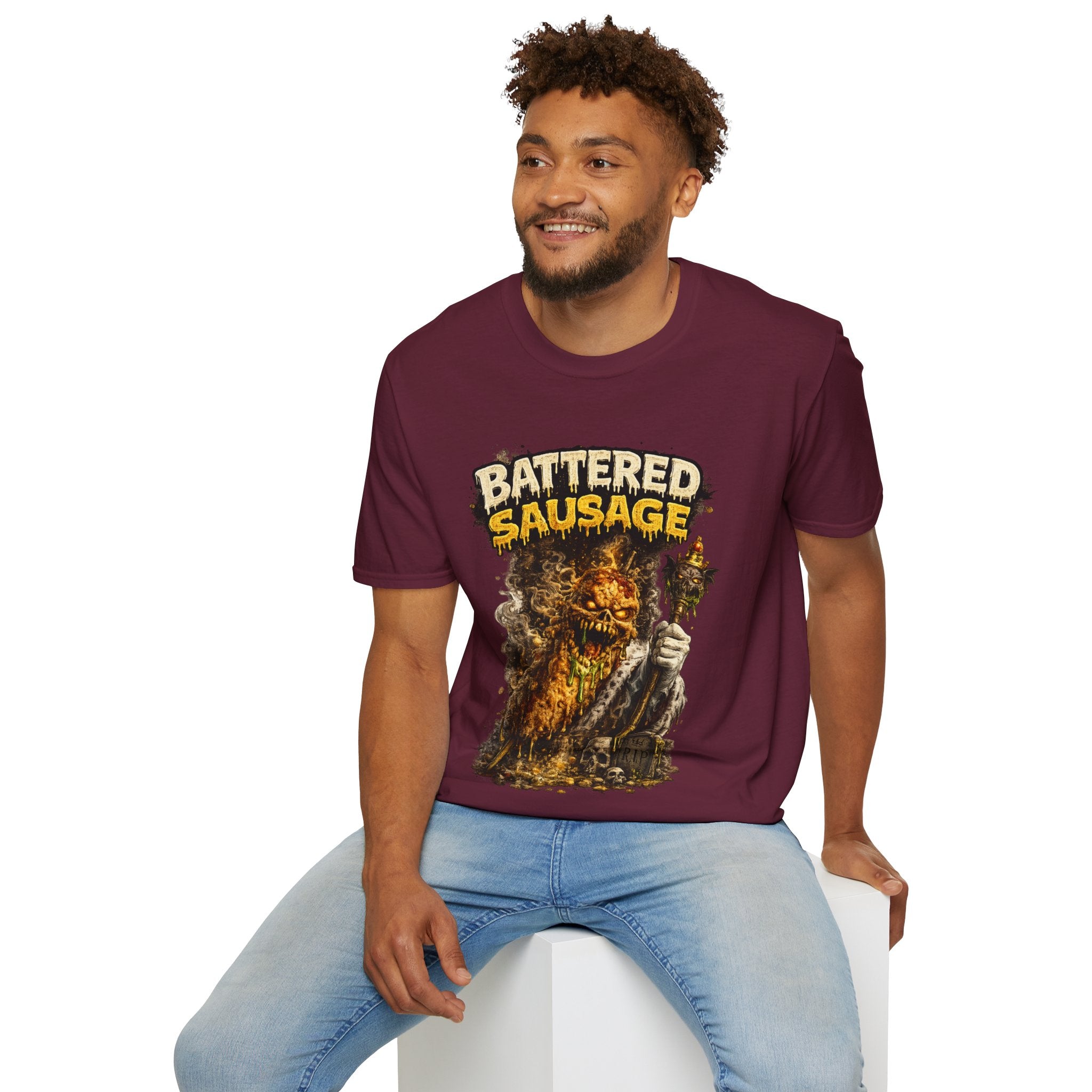 Battered Sausage Graphic T‑Shirt — Flaming Horror Band Tee