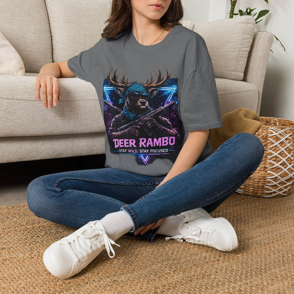 Deer Rambo Graphic T-Shirt — Neon Retro Buck Hunting Tee