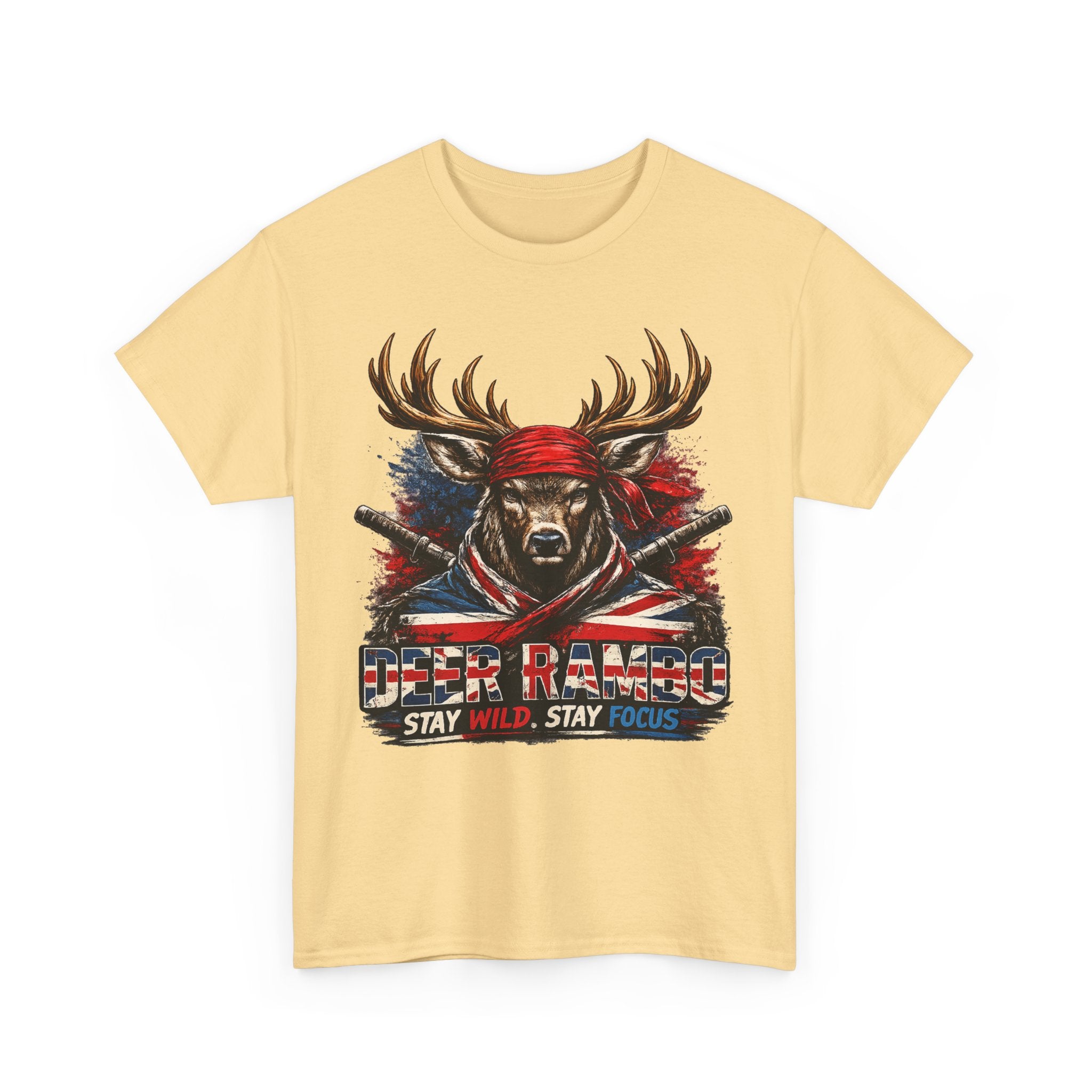 Deer Rambo Patriotic T‑Shirt — "Stay Wild, Stay Focus" Hunting Tee