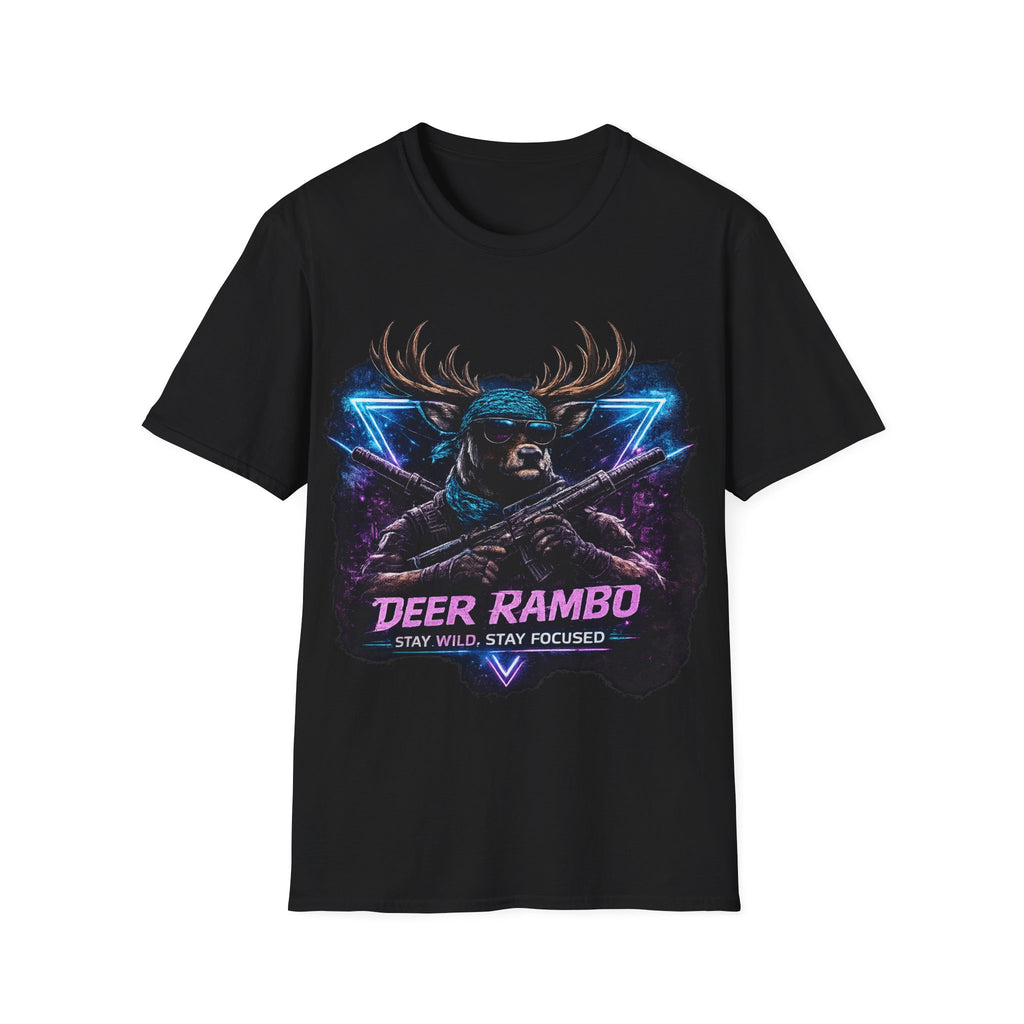 Deer Rambo Graphic T-Shirt — Neon Retro Buck Hunting Tee