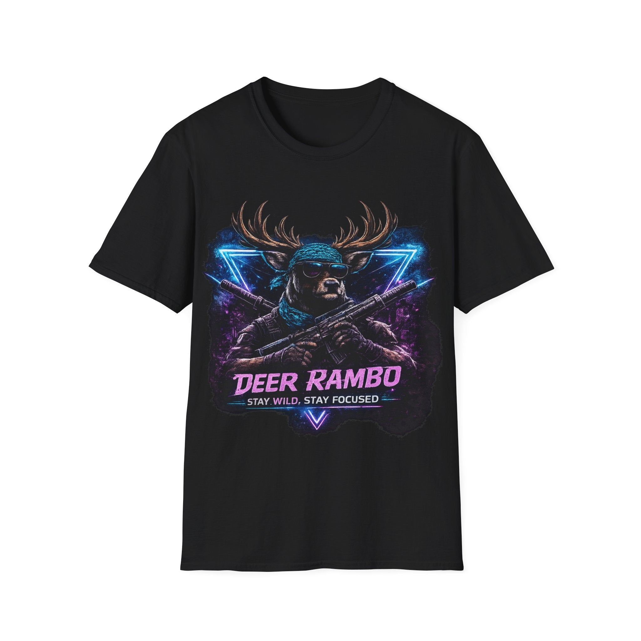 Deer Rambo Graphic T-Shirt — Neon Retro Buck Hunting Tee