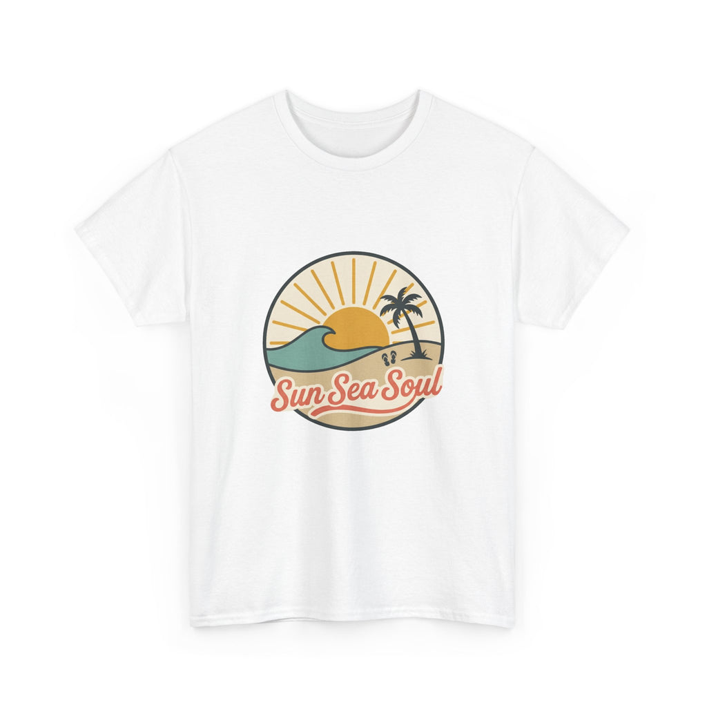 Sun Sea Soul Beach T-Shirt — Retro Sunset Palm Tee