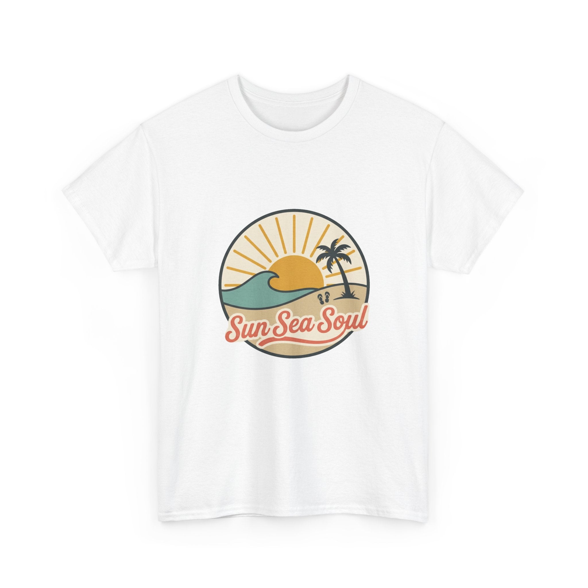 Sun Sea Soul Beach T-Shirt — Retro Sunset Palm Tee