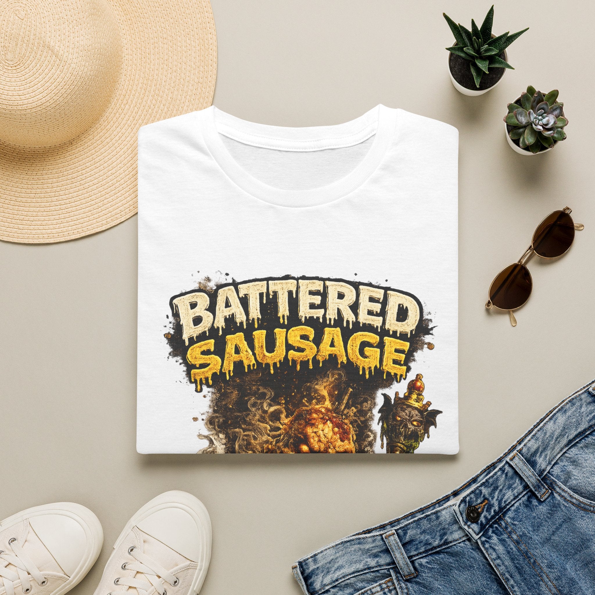 Battered Sausage Graphic T‑Shirt — Flaming Horror Band Tee