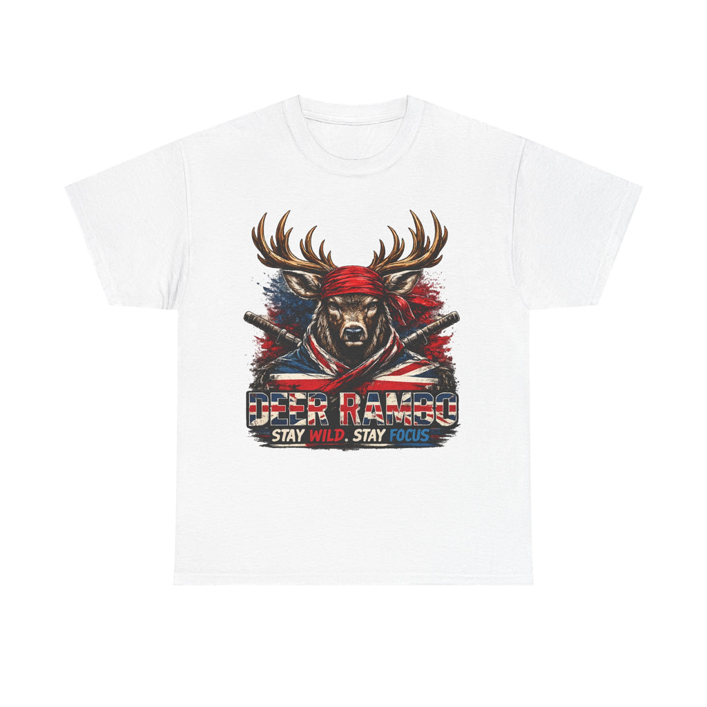 Deer Rambo Patriotic T‑Shirt — "Stay Wild, Stay Focus" Hunting Tee
