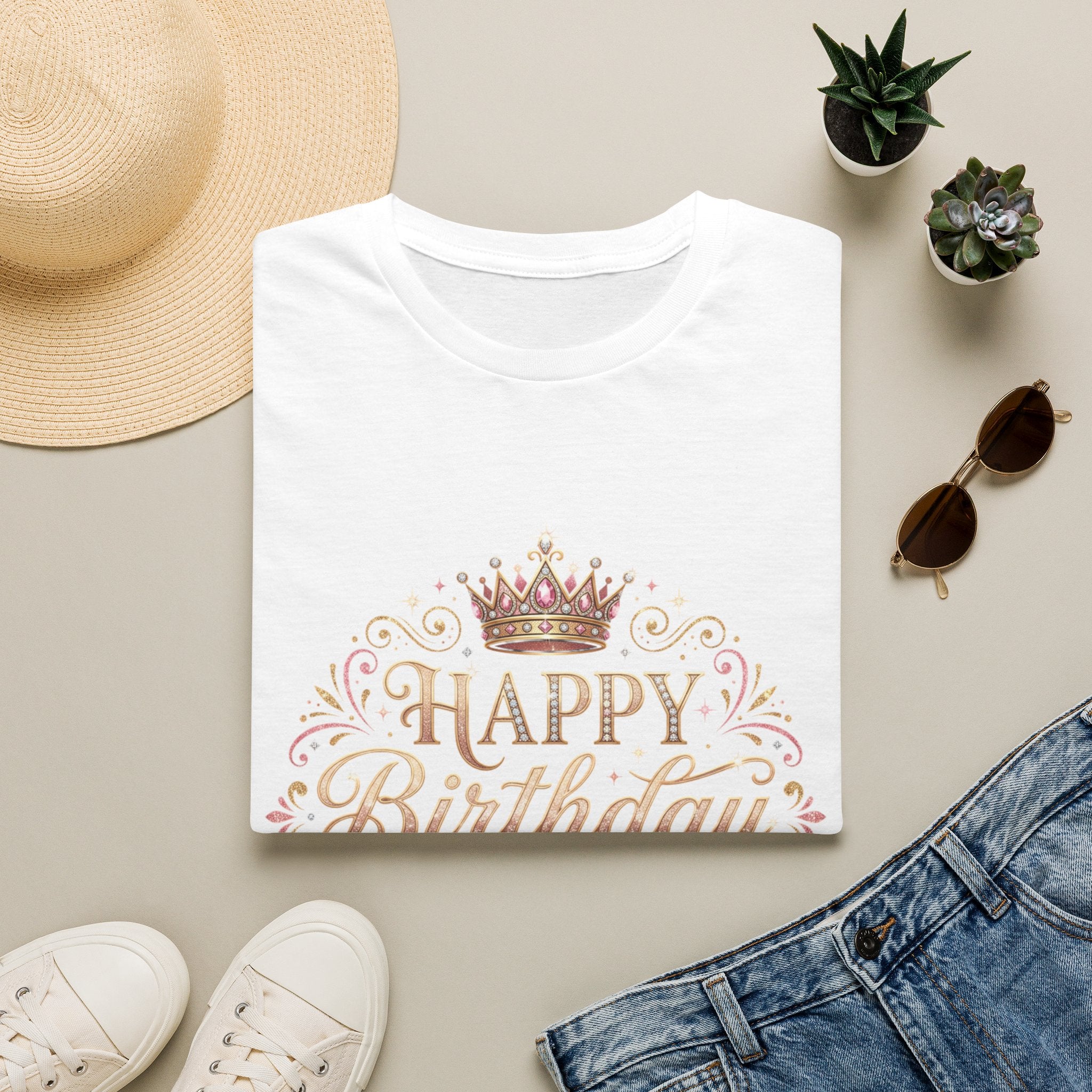 Happy Birthday Queen T-Shirt — Decorative Crown Birthday Tee for Women