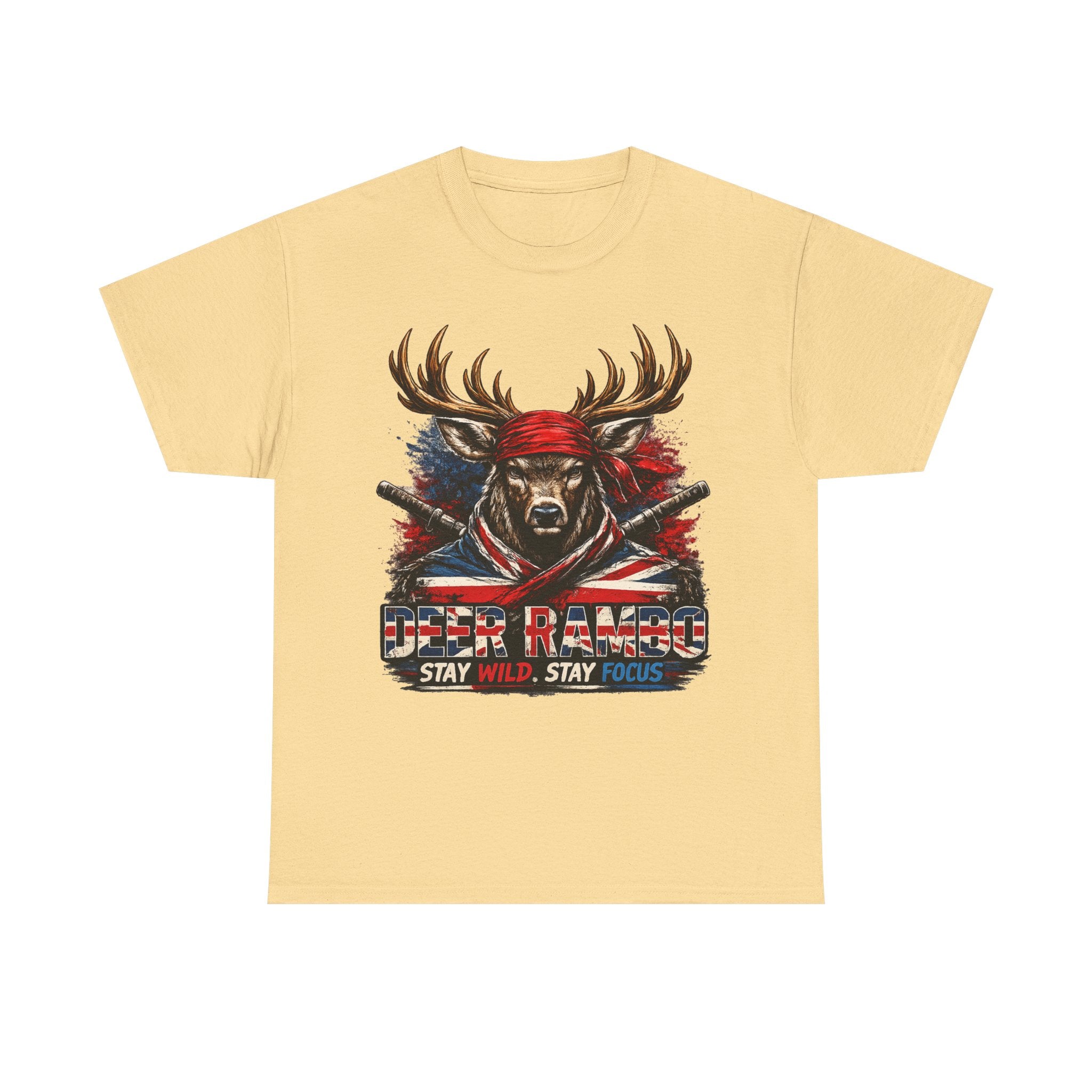Deer Rambo Patriotic T‑Shirt — "Stay Wild, Stay Focus" Hunting Tee