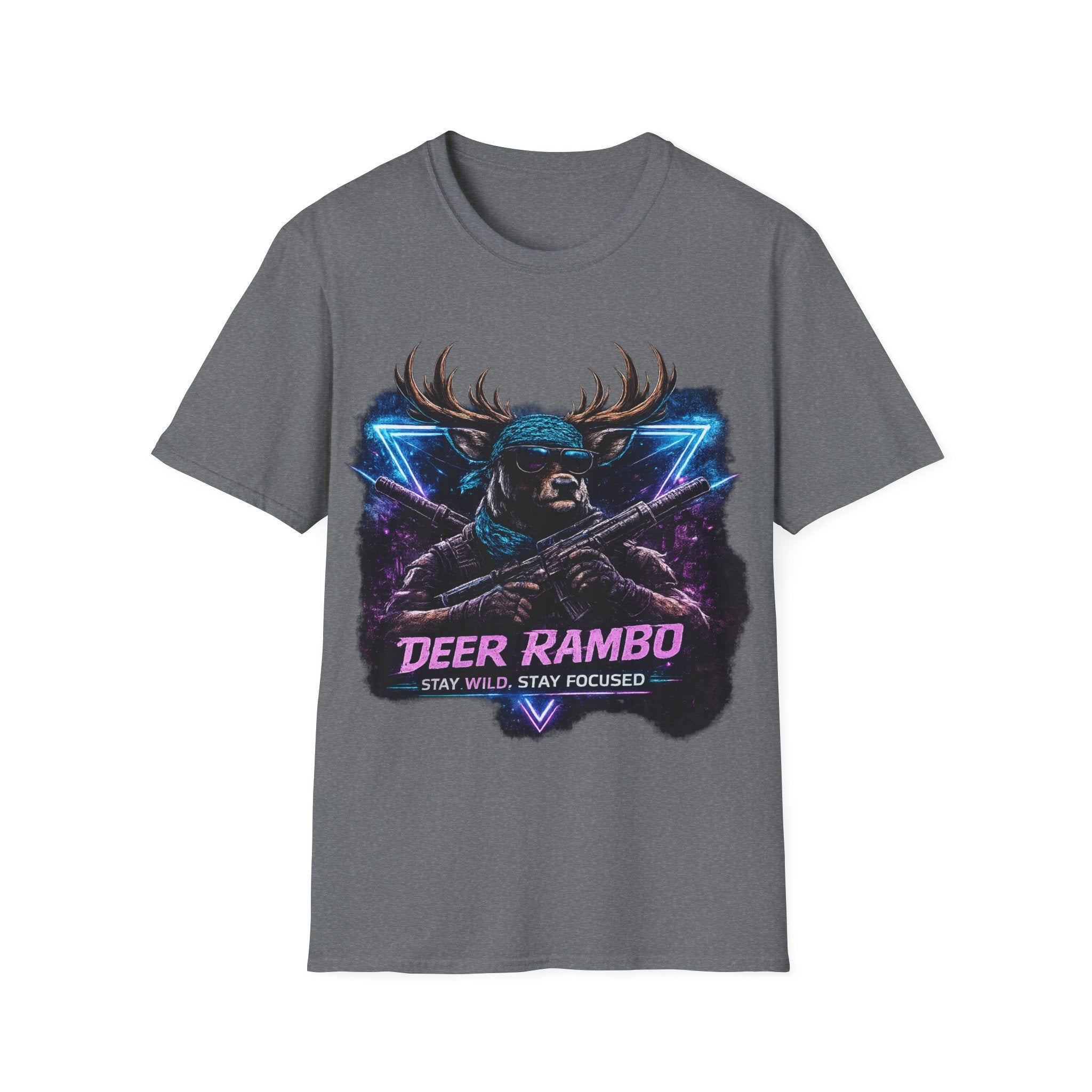 Deer Rambo Graphic T-Shirt — Neon Retro Buck Hunting Tee
