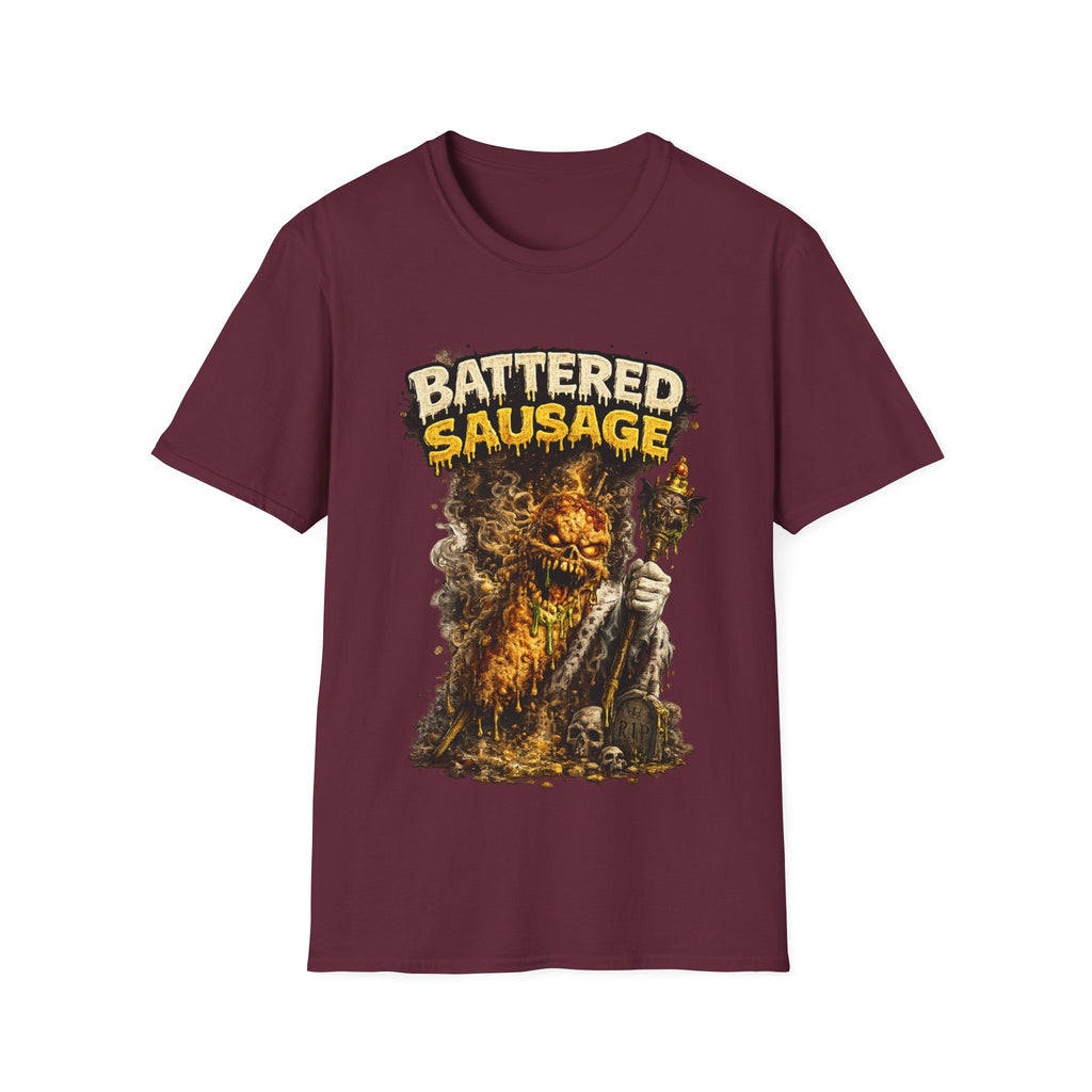 Battered Sausage Graphic T‑Shirt — Flaming Horror Band Tee