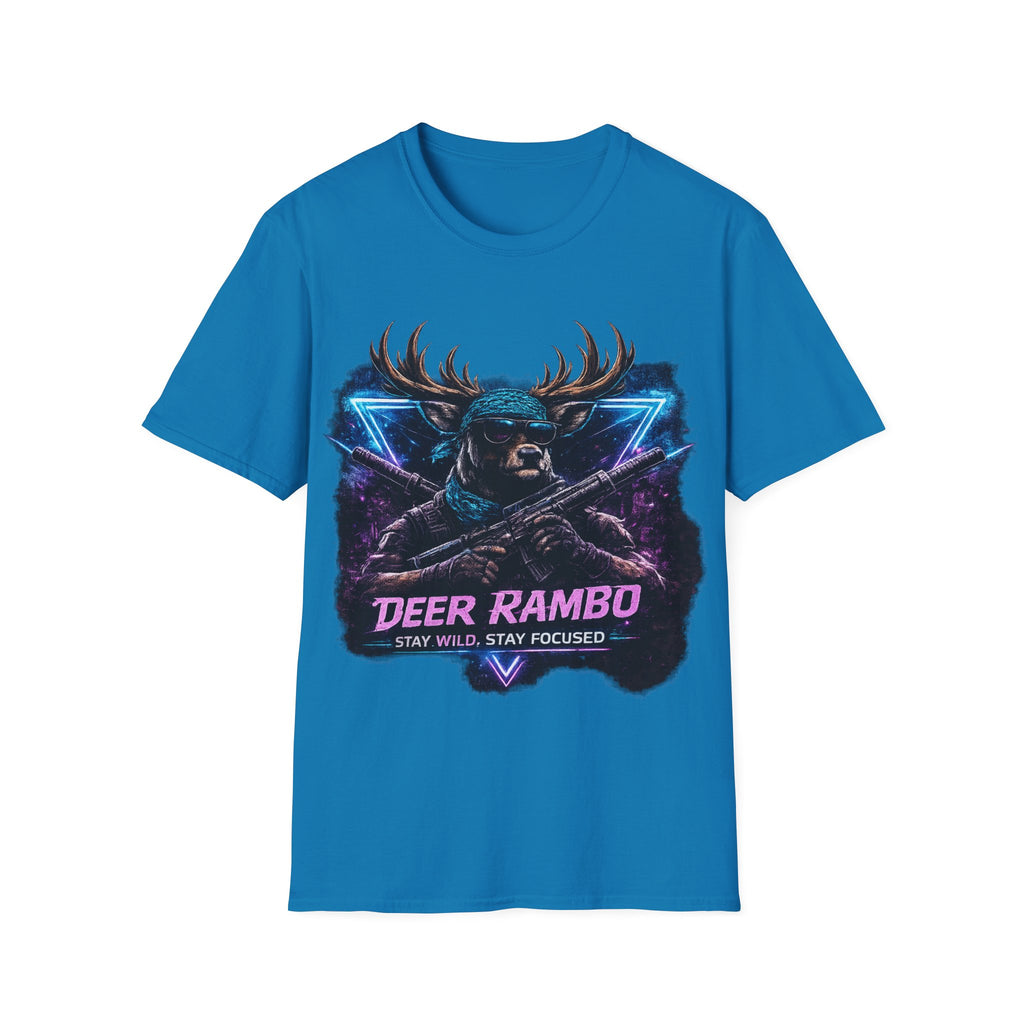 Deer Rambo Graphic T-Shirt — Neon Retro Buck Hunting Tee