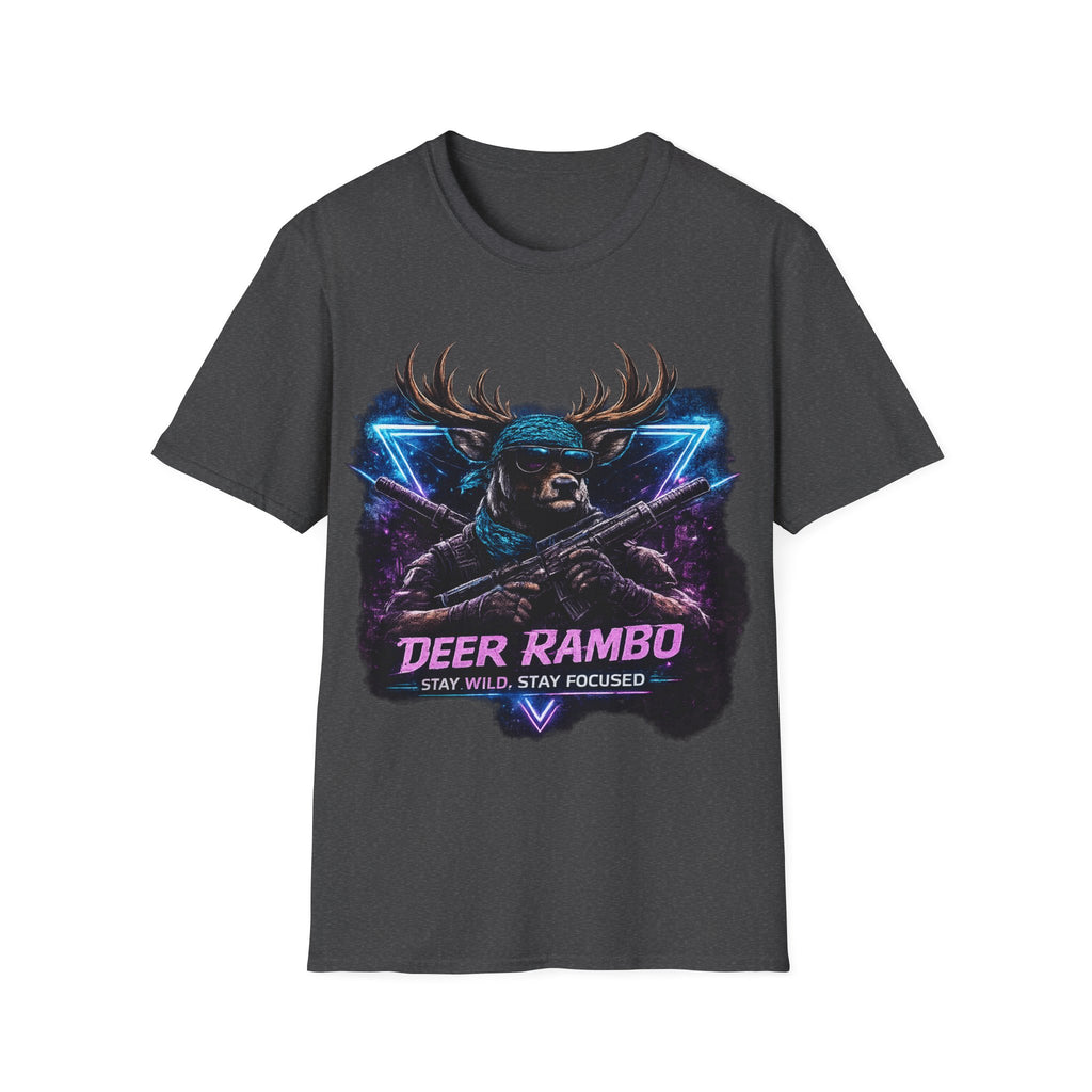 Deer Rambo Graphic T-Shirt — Neon Retro Buck Hunting Tee
