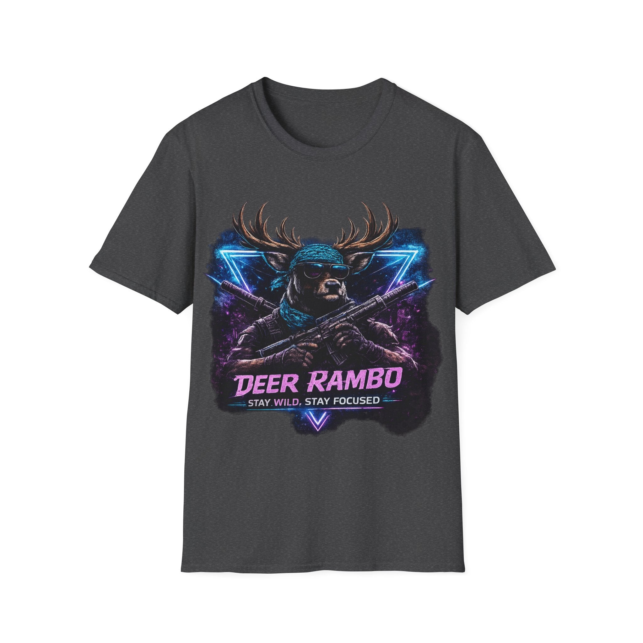 Deer Rambo Graphic T-Shirt — Neon Retro Buck Hunting Tee
