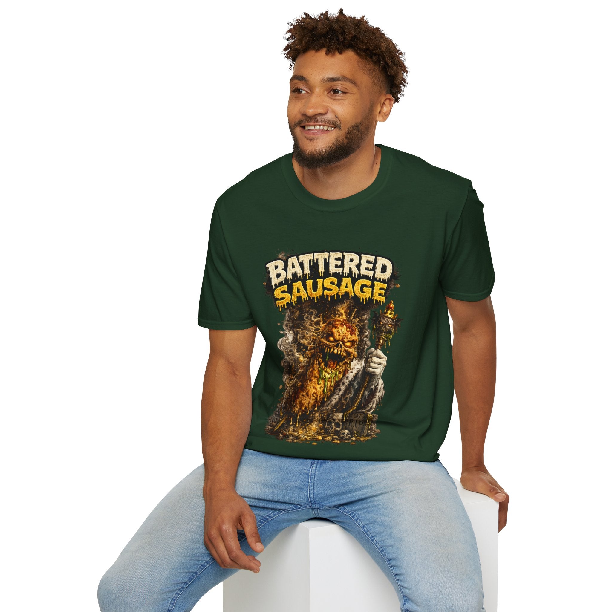 Battered Sausage Graphic T‑Shirt — Flaming Horror Band Tee