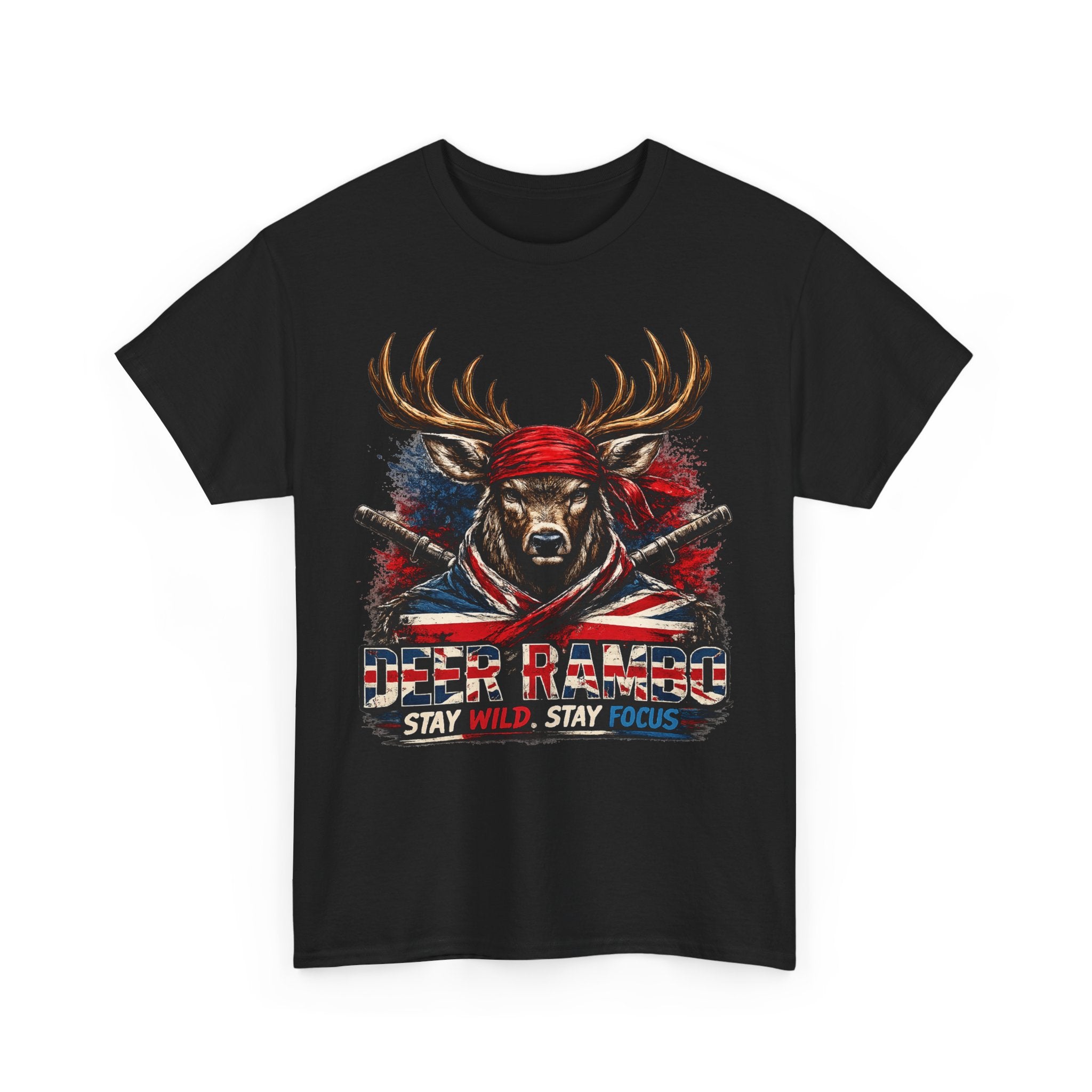 Deer Rambo Patriotic T‑Shirt — "Stay Wild, Stay Focus" Hunting Tee