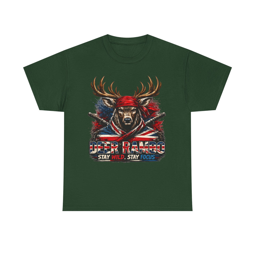 Deer Rambo Patriotic T‑Shirt — "Stay Wild, Stay Focus" Hunting Tee