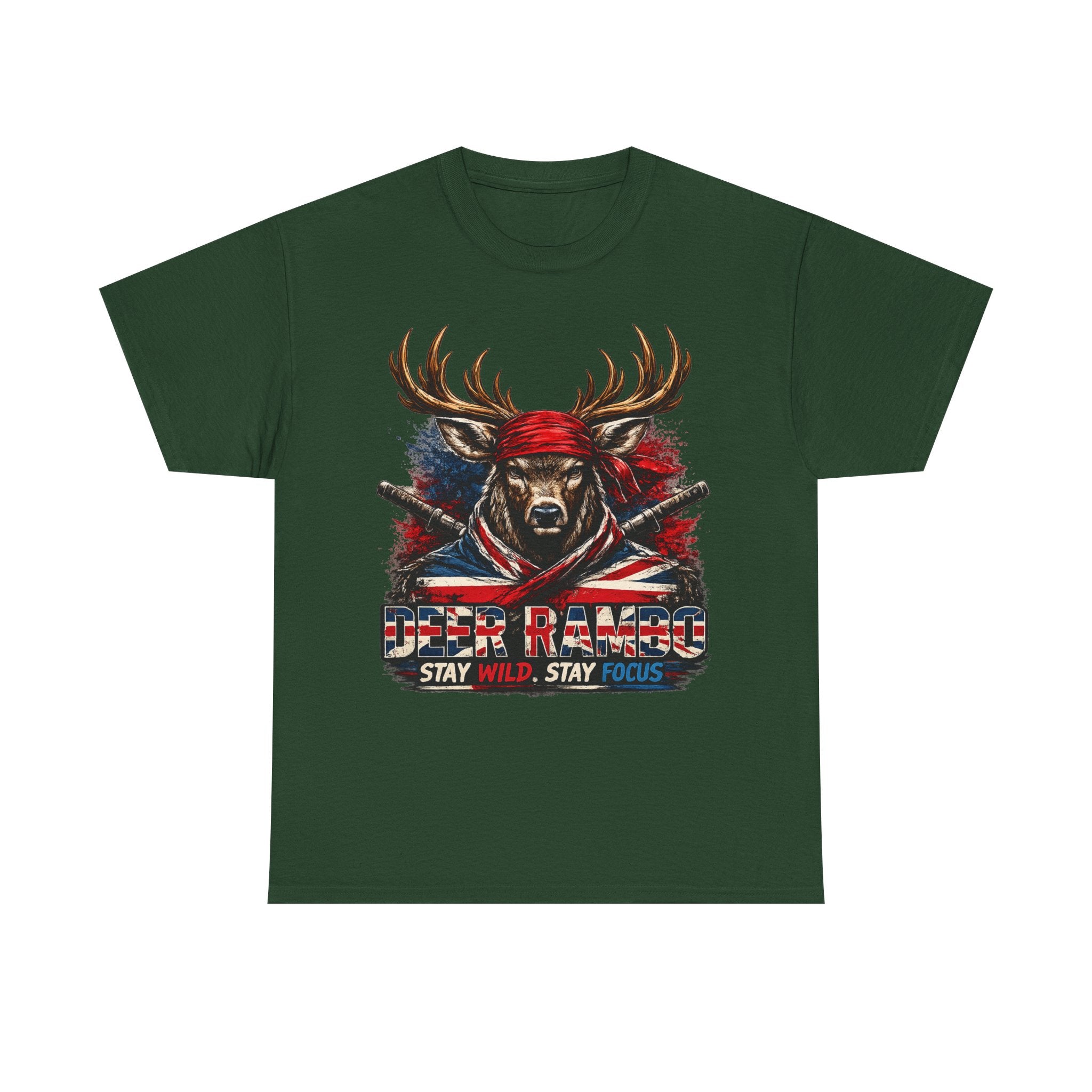 Deer Rambo Patriotic T‑Shirt — "Stay Wild, Stay Focus" Hunting Tee