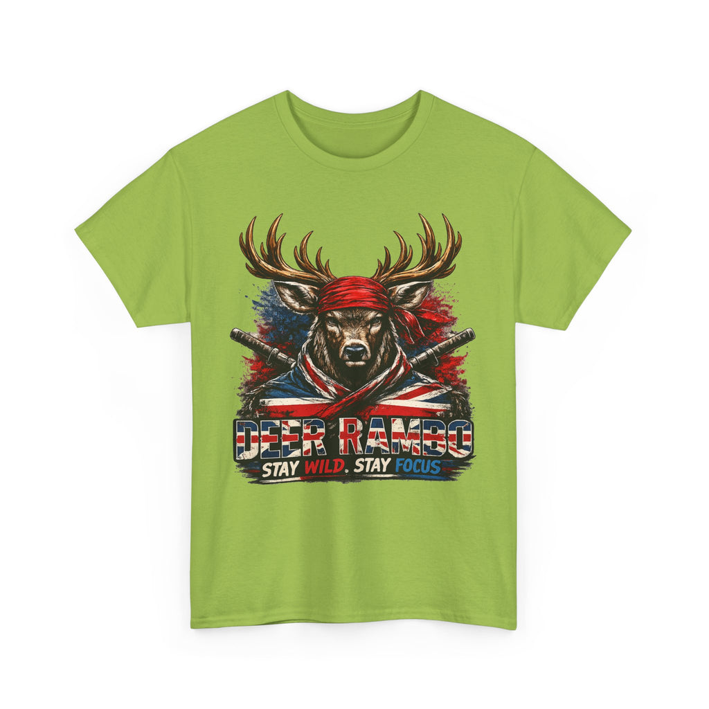 Deer Rambo Patriotic T‑Shirt — "Stay Wild, Stay Focus" Hunting Tee