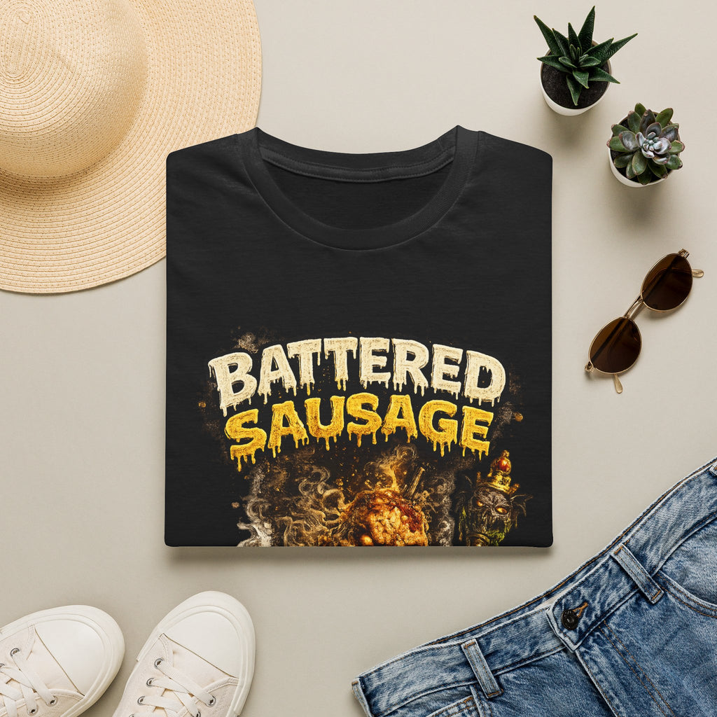 Battered Sausage Graphic T‑Shirt — Flaming Horror Band Tee