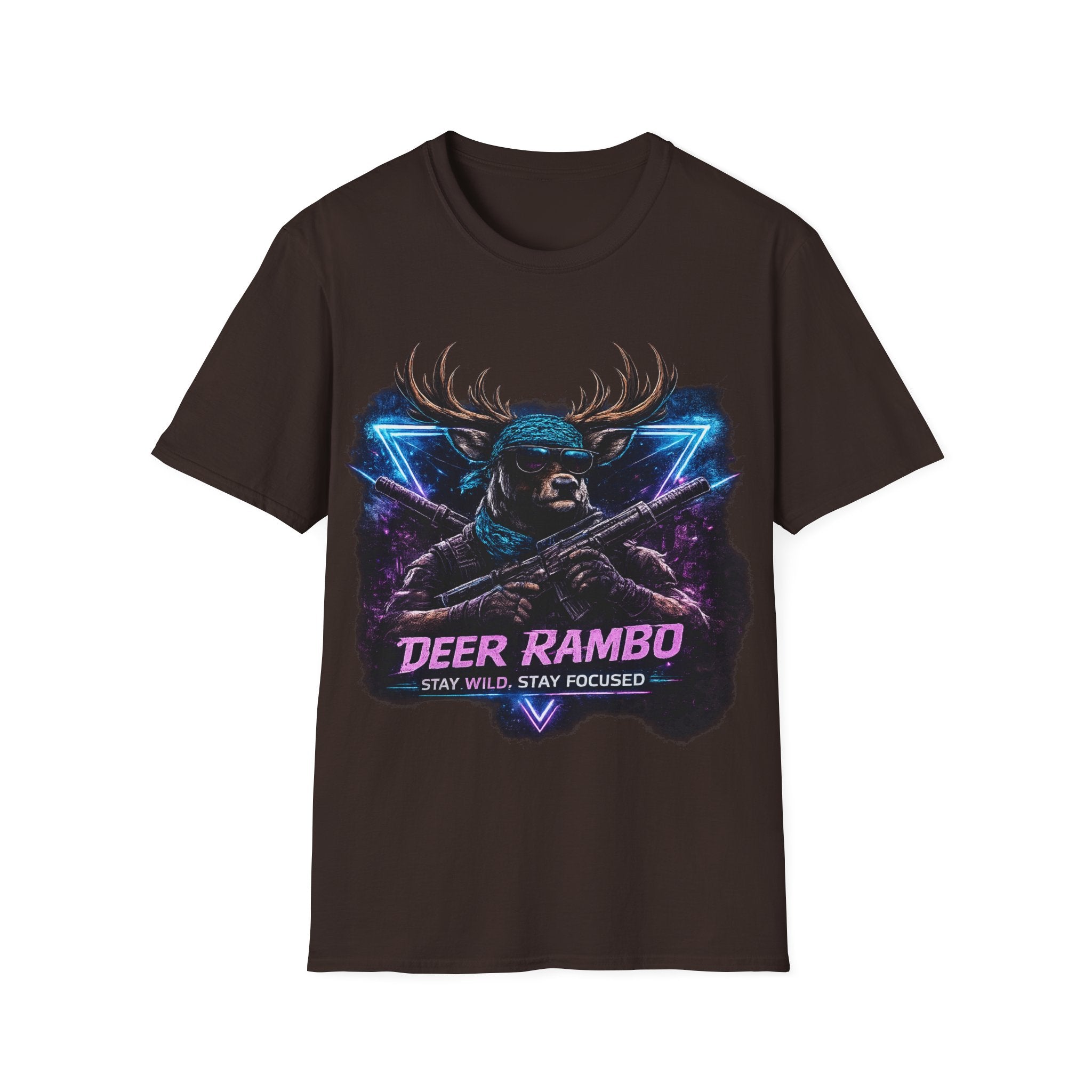 Deer Rambo Graphic T-Shirt — Neon Retro Buck Hunting Tee