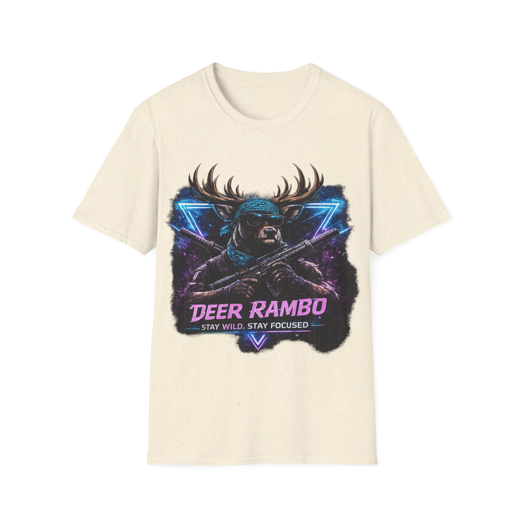 Deer Rambo Graphic T-Shirt — Neon Retro Buck Hunting Tee