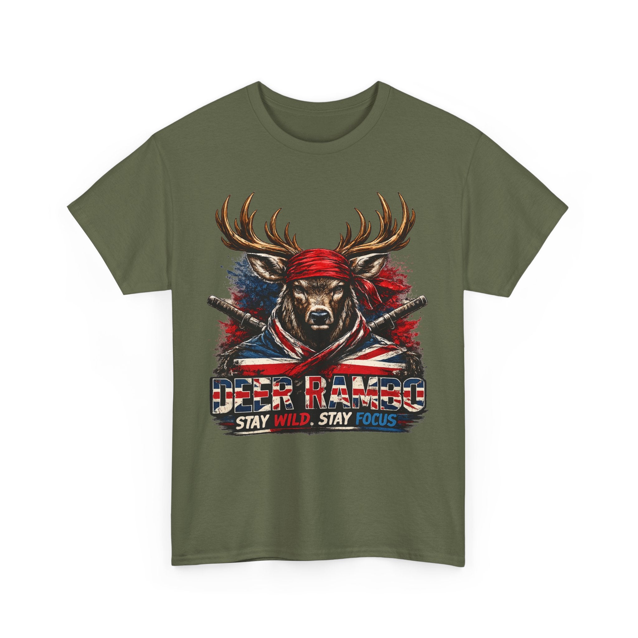 Deer Rambo Patriotic T‑Shirt — "Stay Wild, Stay Focus" Hunting Tee