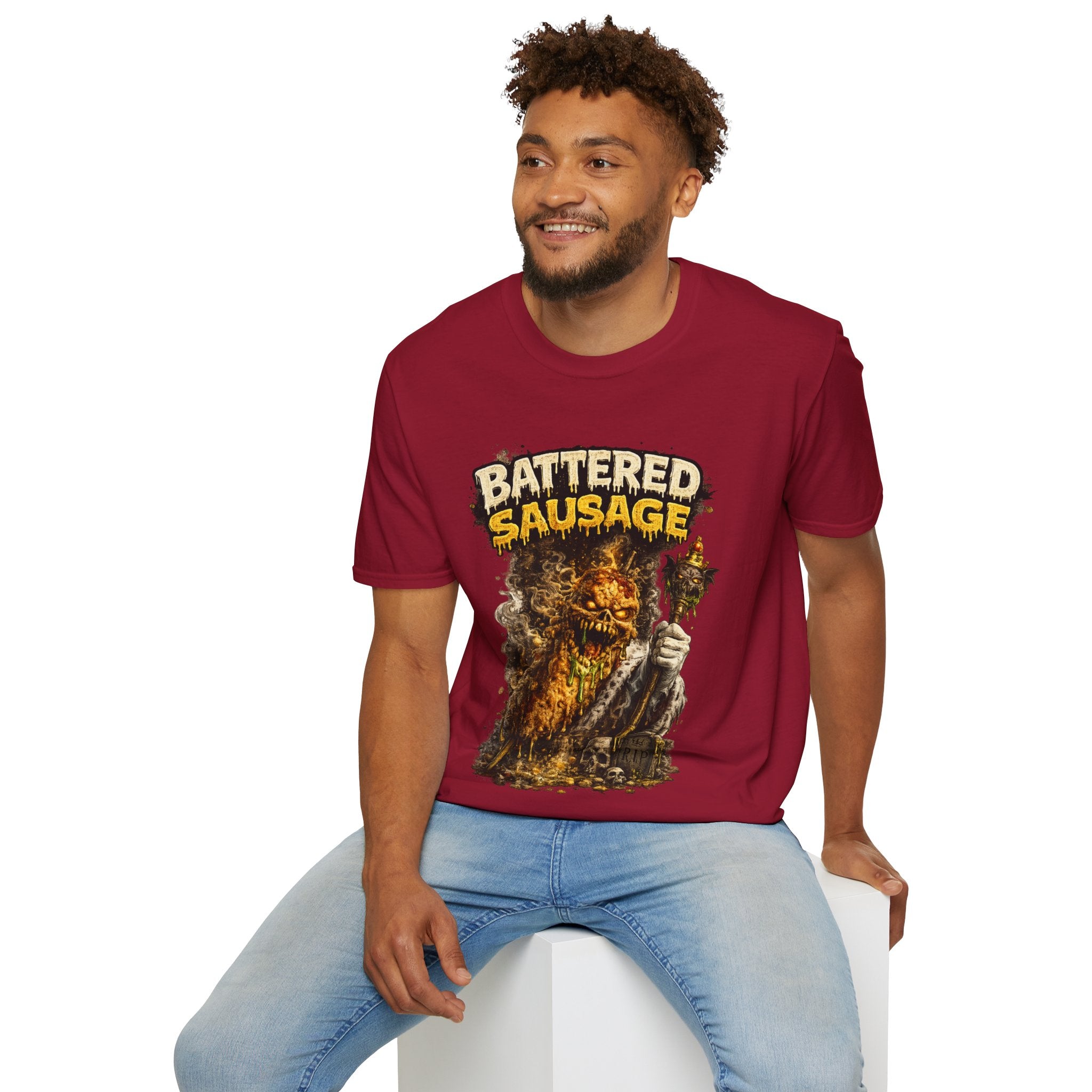 Battered Sausage Graphic T‑Shirt — Flaming Horror Band Tee