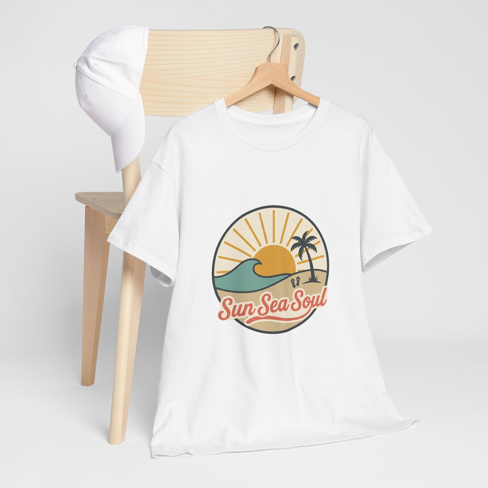 Sun Sea Soul Beach T-Shirt — Retro Sunset Palm Tee