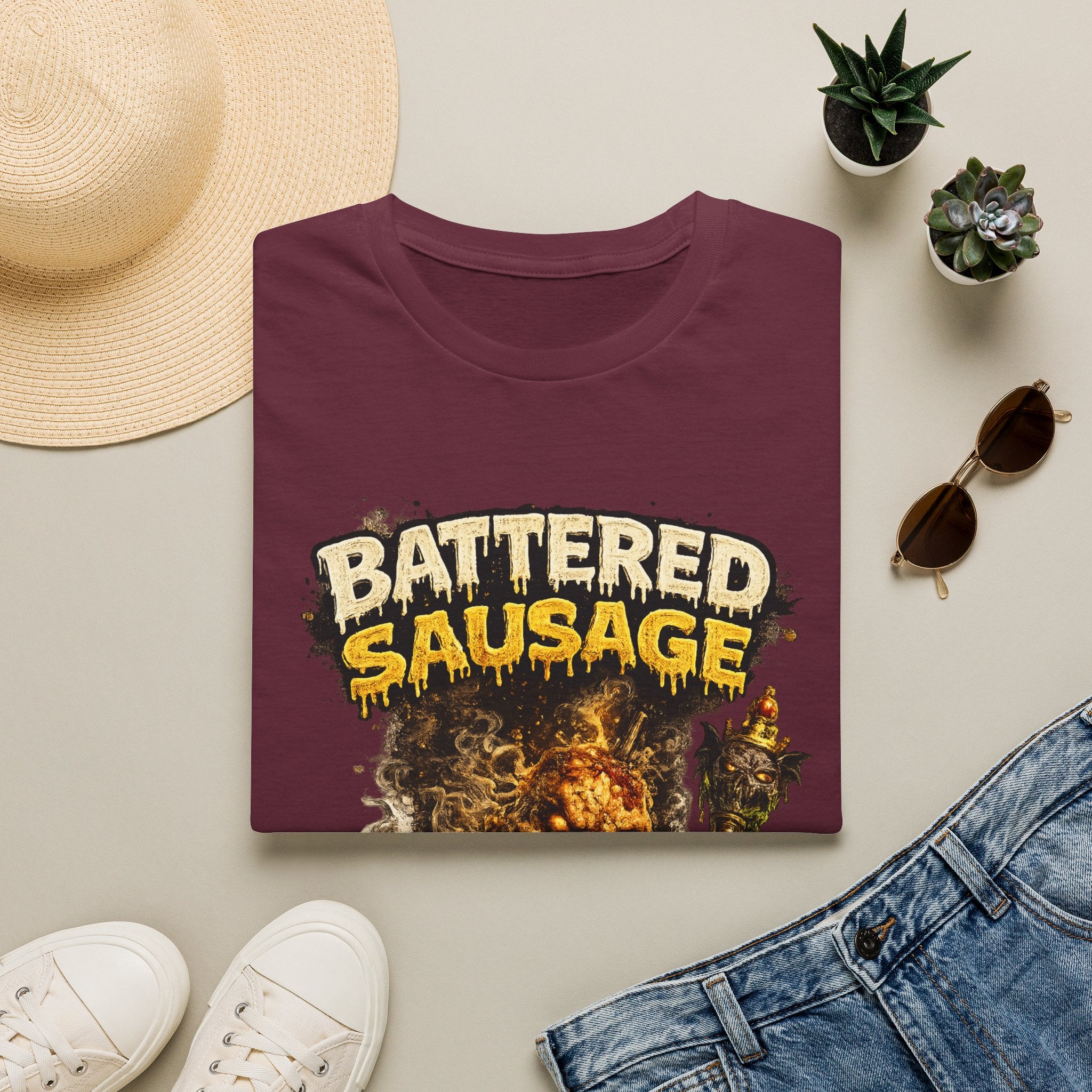 Battered Sausage Graphic T‑Shirt — Flaming Horror Band Tee