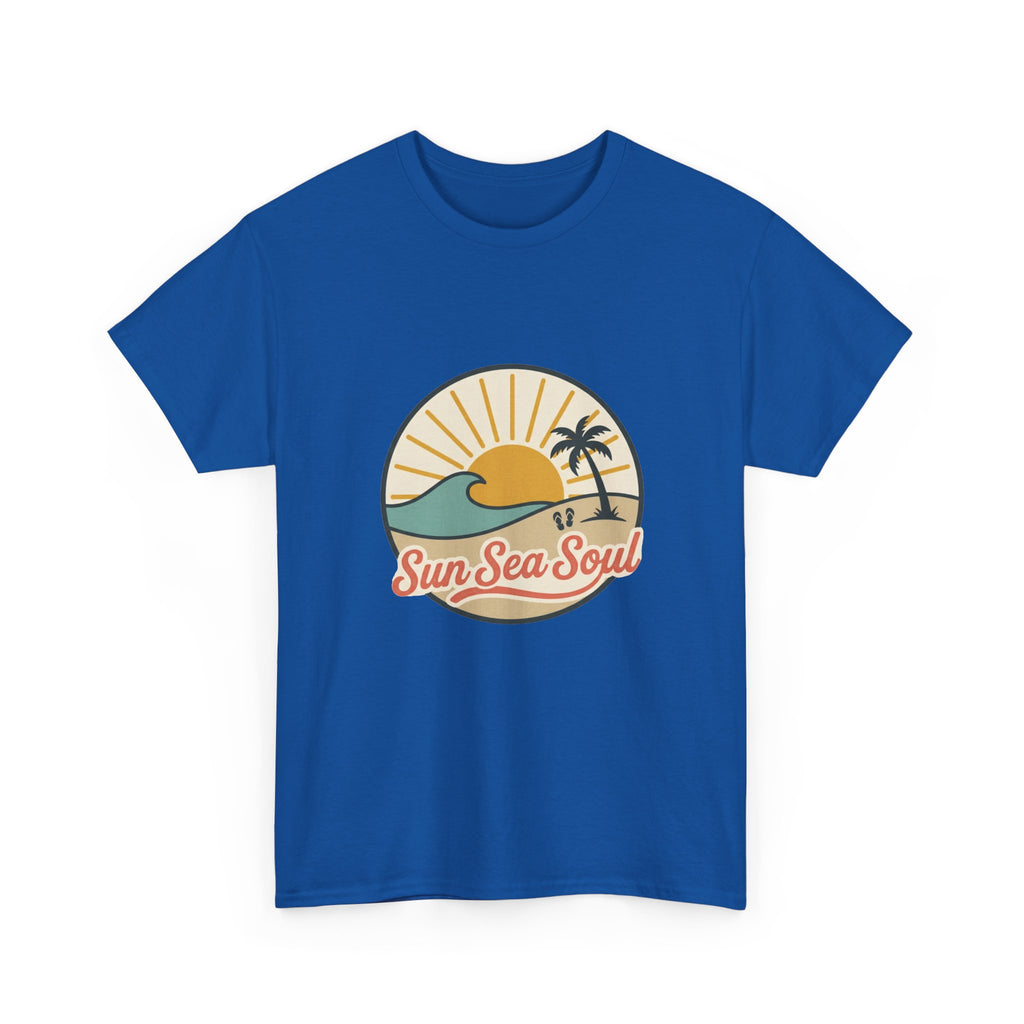 Sun Sea Soul Beach T-Shirt — Retro Sunset Palm Tee