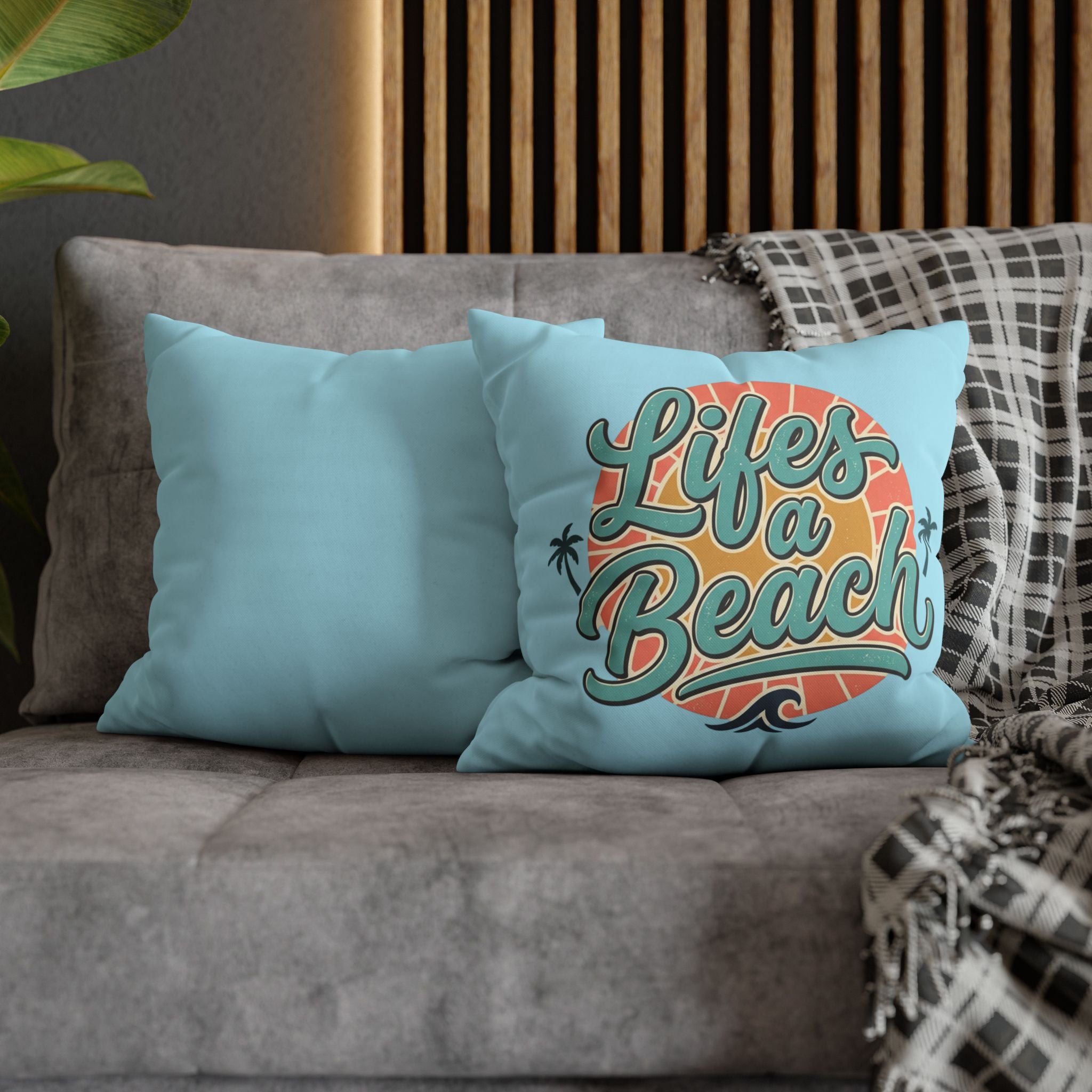 Life's a Beach Square Pillow Cover — Retro Surf Quote Decorative Throw Pillowcase