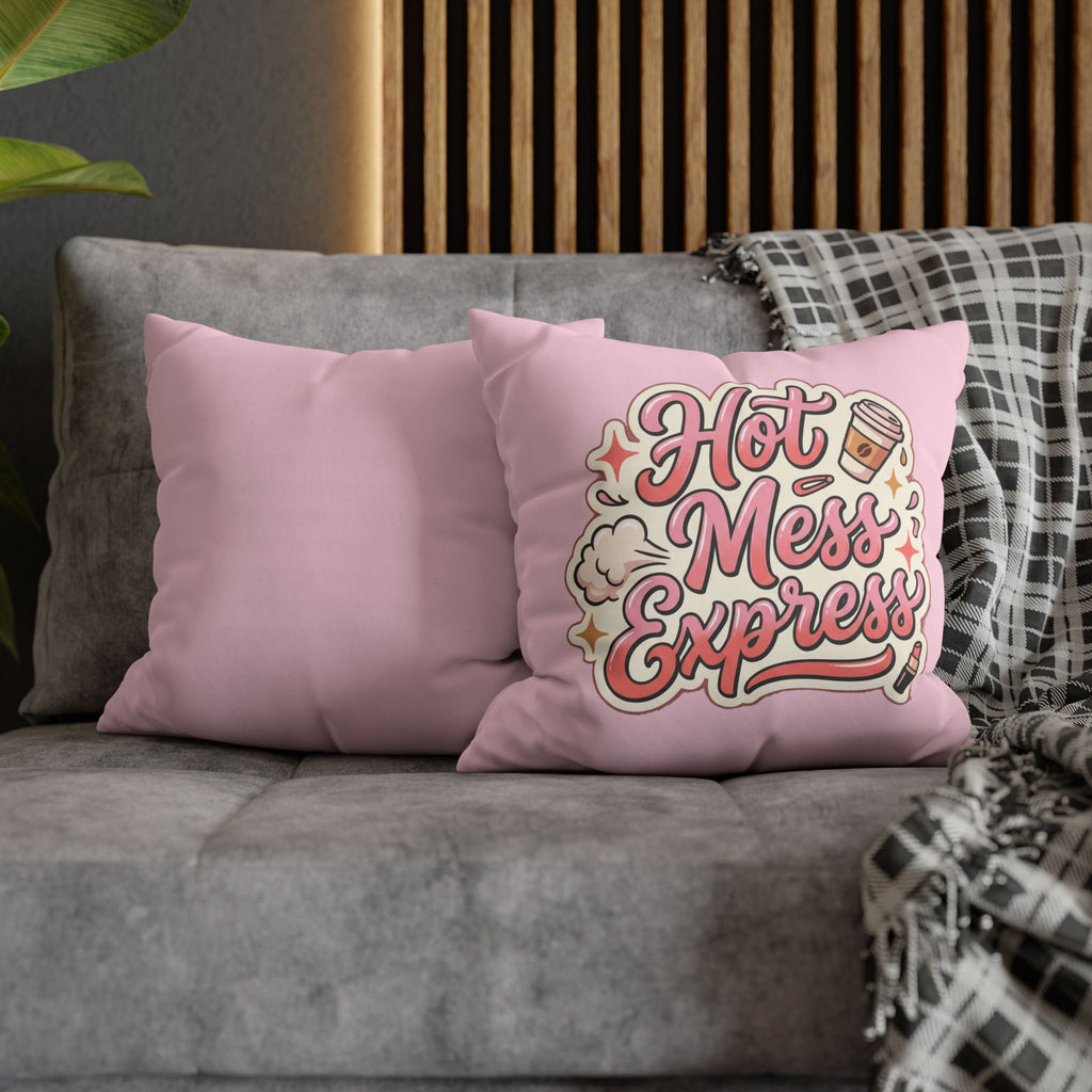 Hot Mess Express Decorative Throw Pillow — Funny Pink Coffee Quote Pillowcase