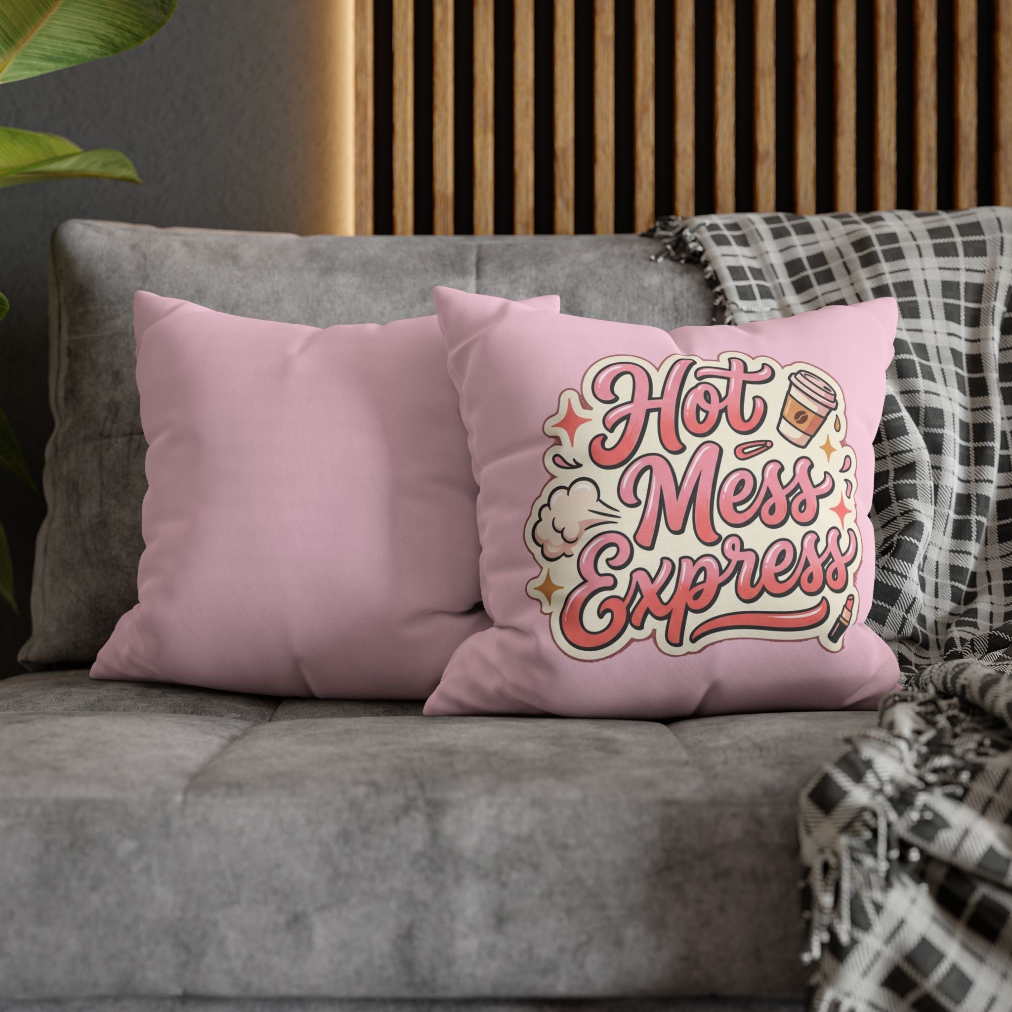 Hot Mess Express Decorative Throw Pillow — Funny Pink Coffee Quote Pillowcase