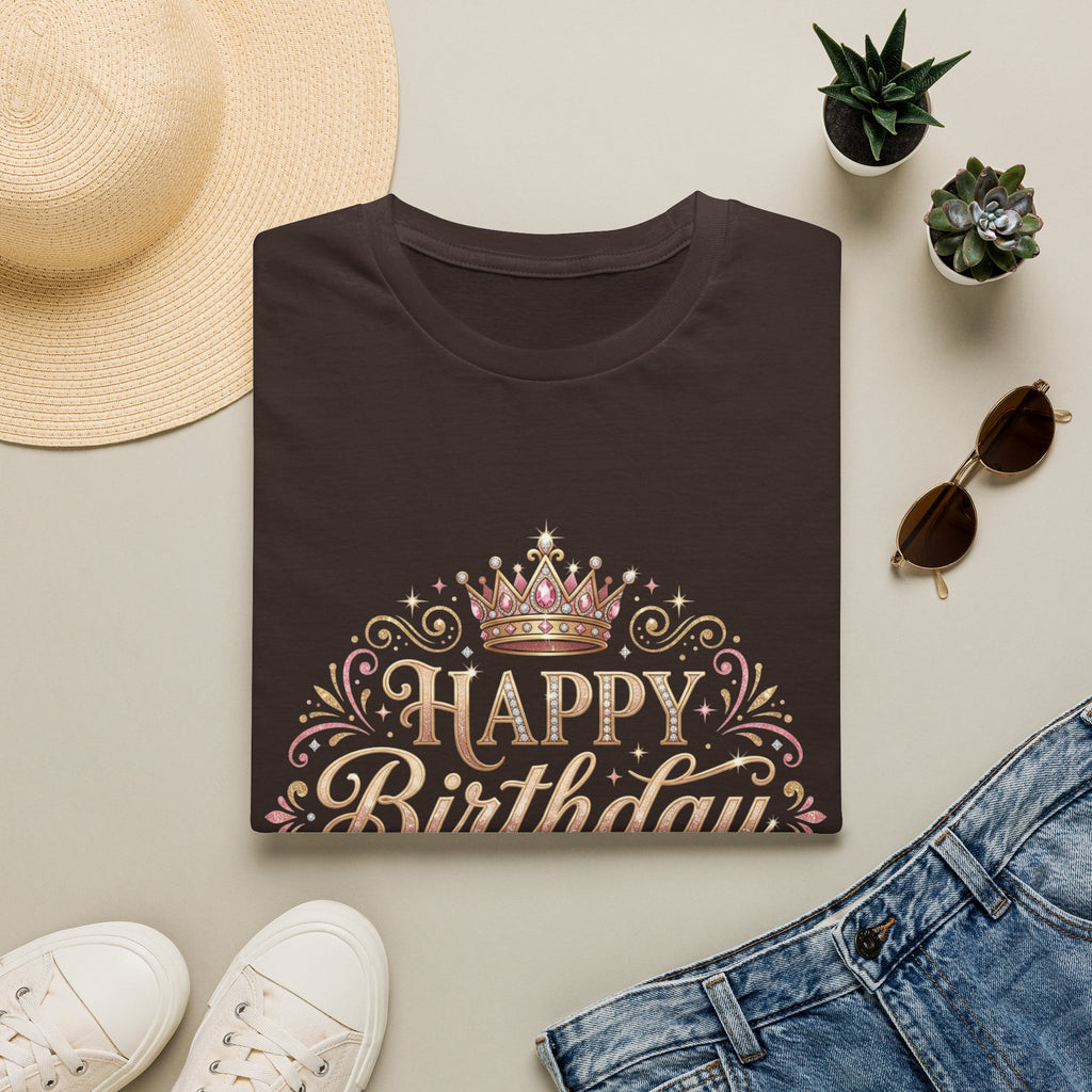 Happy Birthday Queen T-Shirt — Decorative Crown Birthday Tee for Women