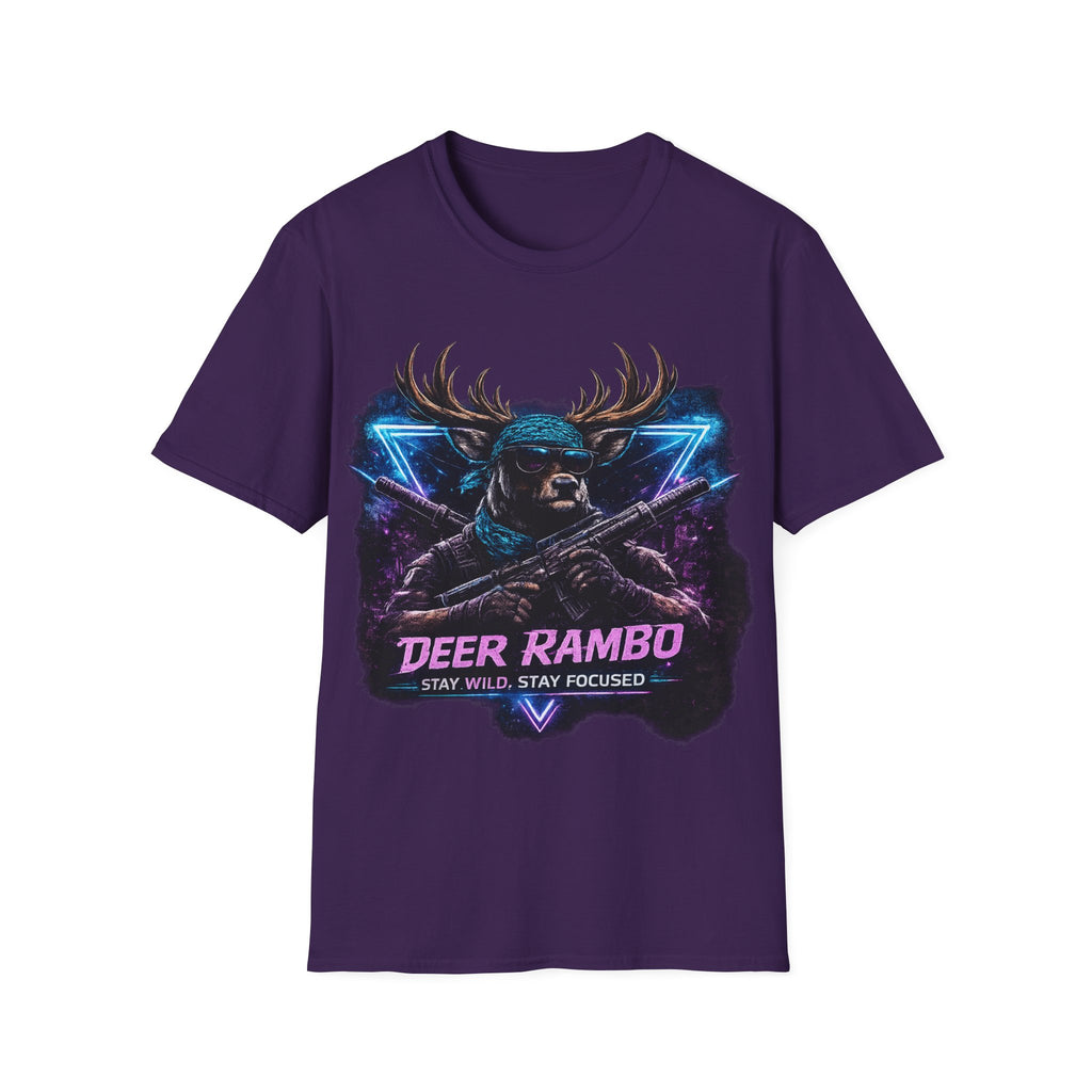 Deer Rambo Graphic T-Shirt — Neon Retro Buck Hunting Tee