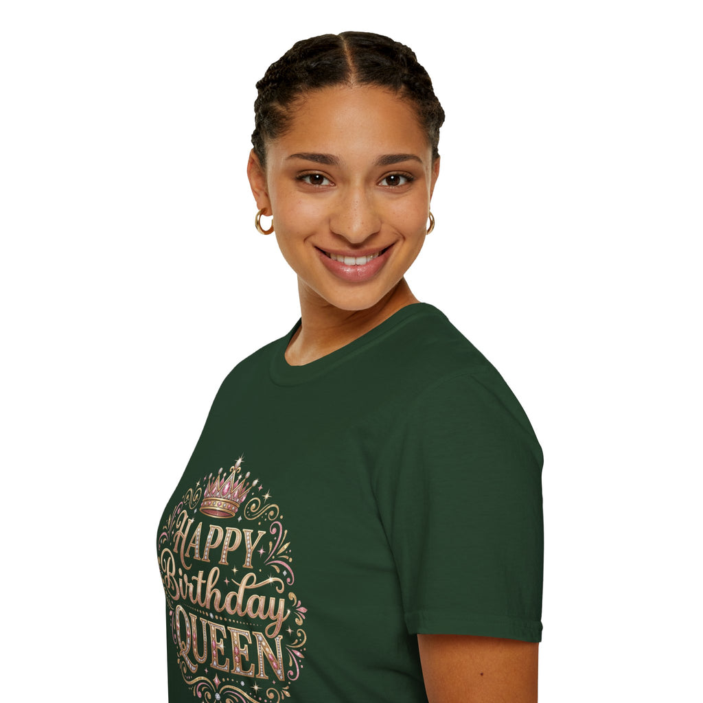 Happy Birthday Queen T-Shirt — Decorative Crown Birthday Tee for Women