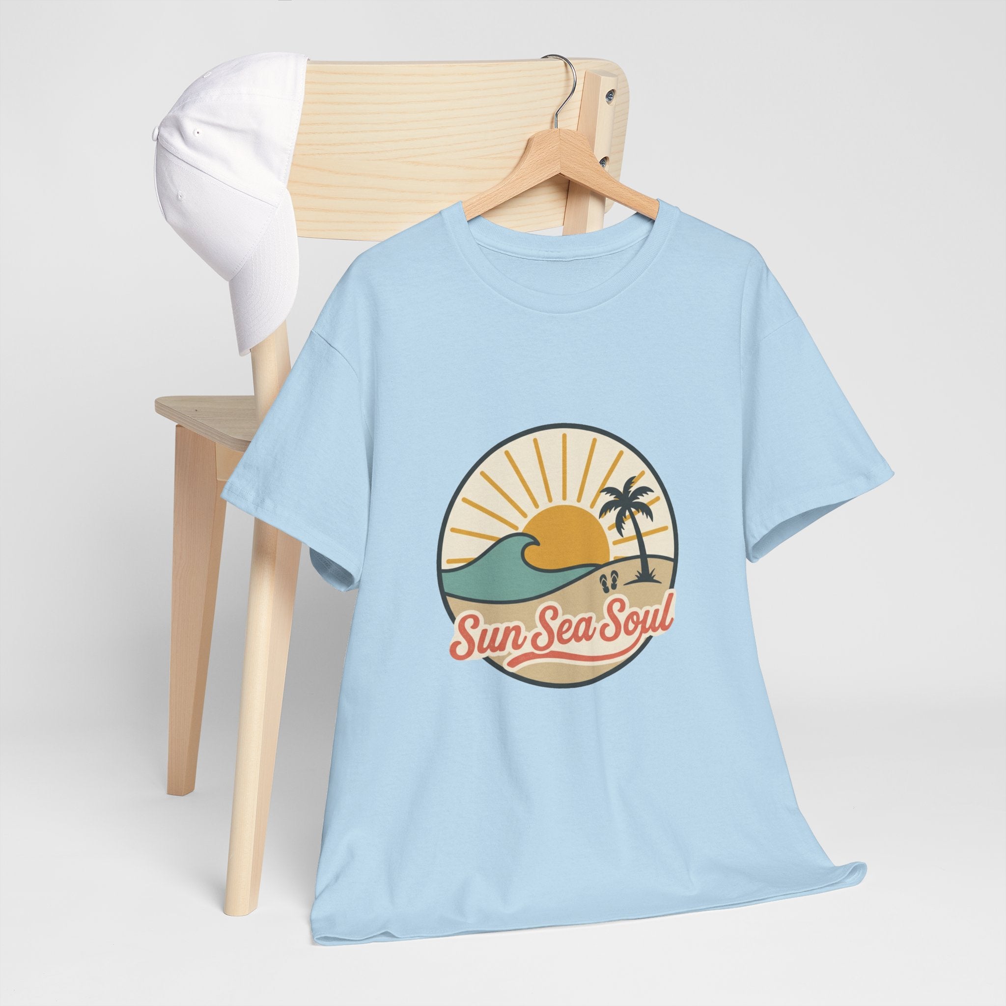 Sun Sea Soul Beach T-Shirt — Retro Sunset Palm Tee