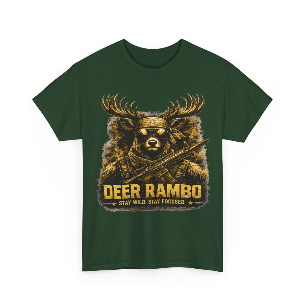 Deer Rambo Tee — 'Stay Wild, Stay Focused' Hunting Graphic T-Shirt