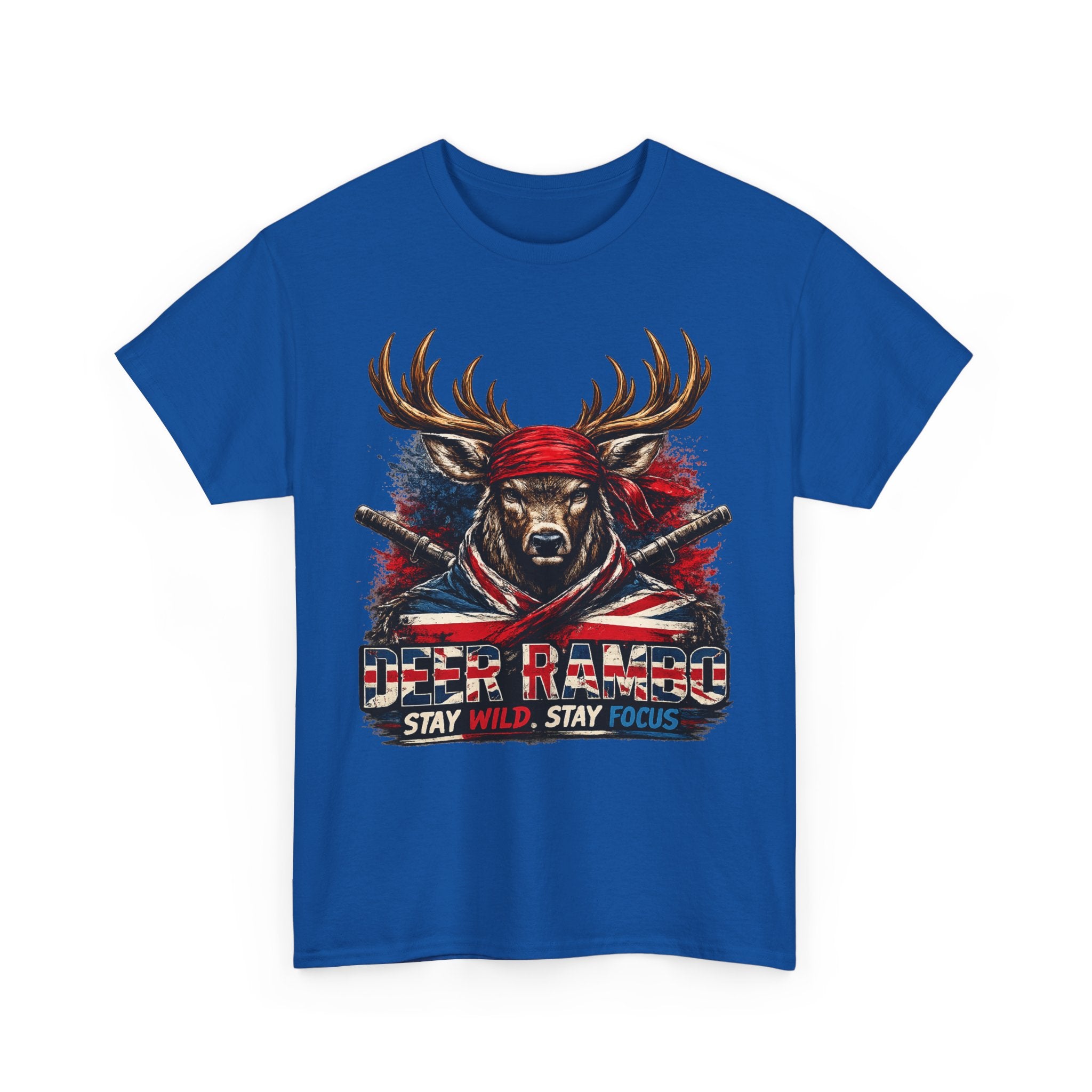 Deer Rambo Patriotic T‑Shirt — "Stay Wild, Stay Focus" Hunting Tee
