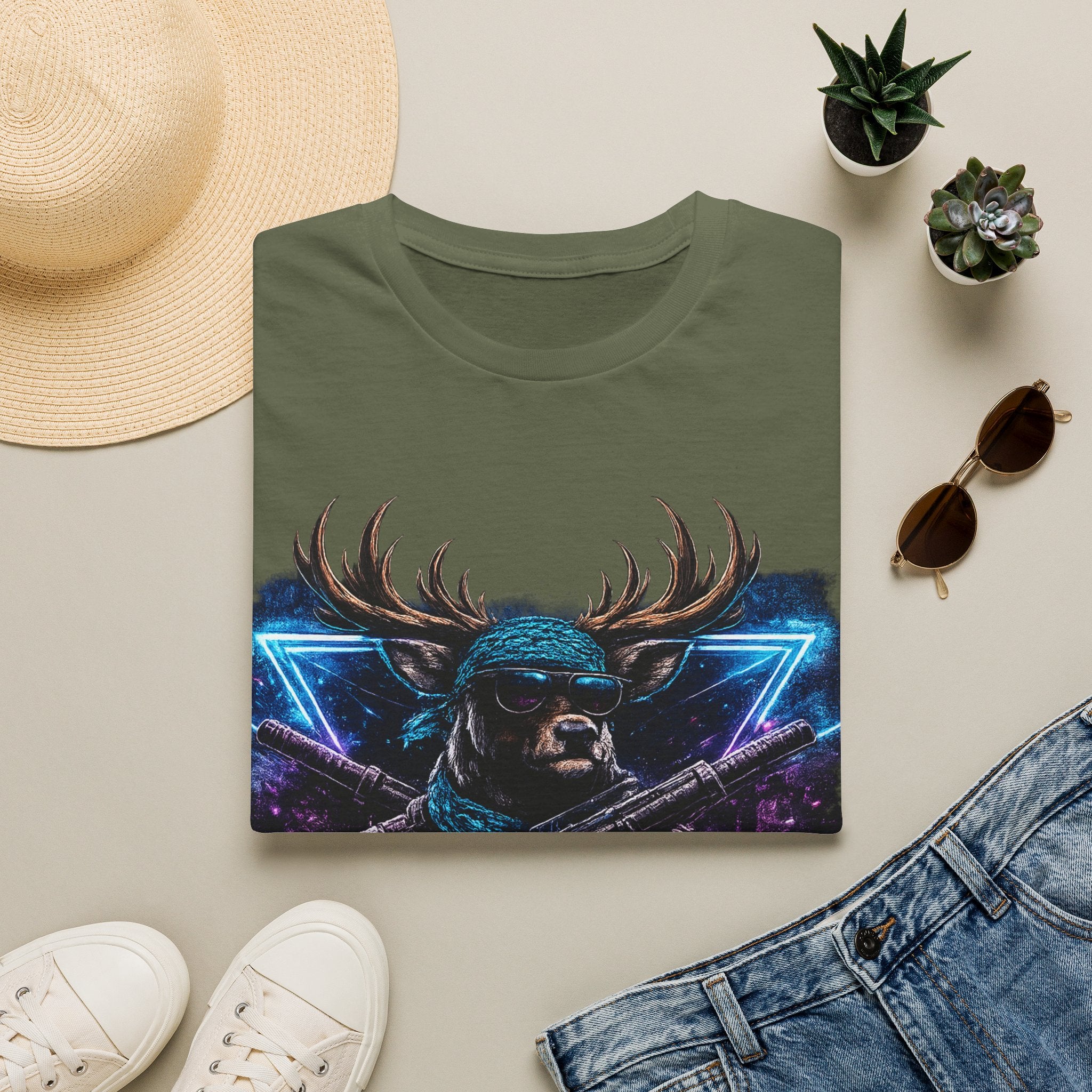 Deer Rambo Graphic T-Shirt — Neon Retro Buck Hunting Tee
