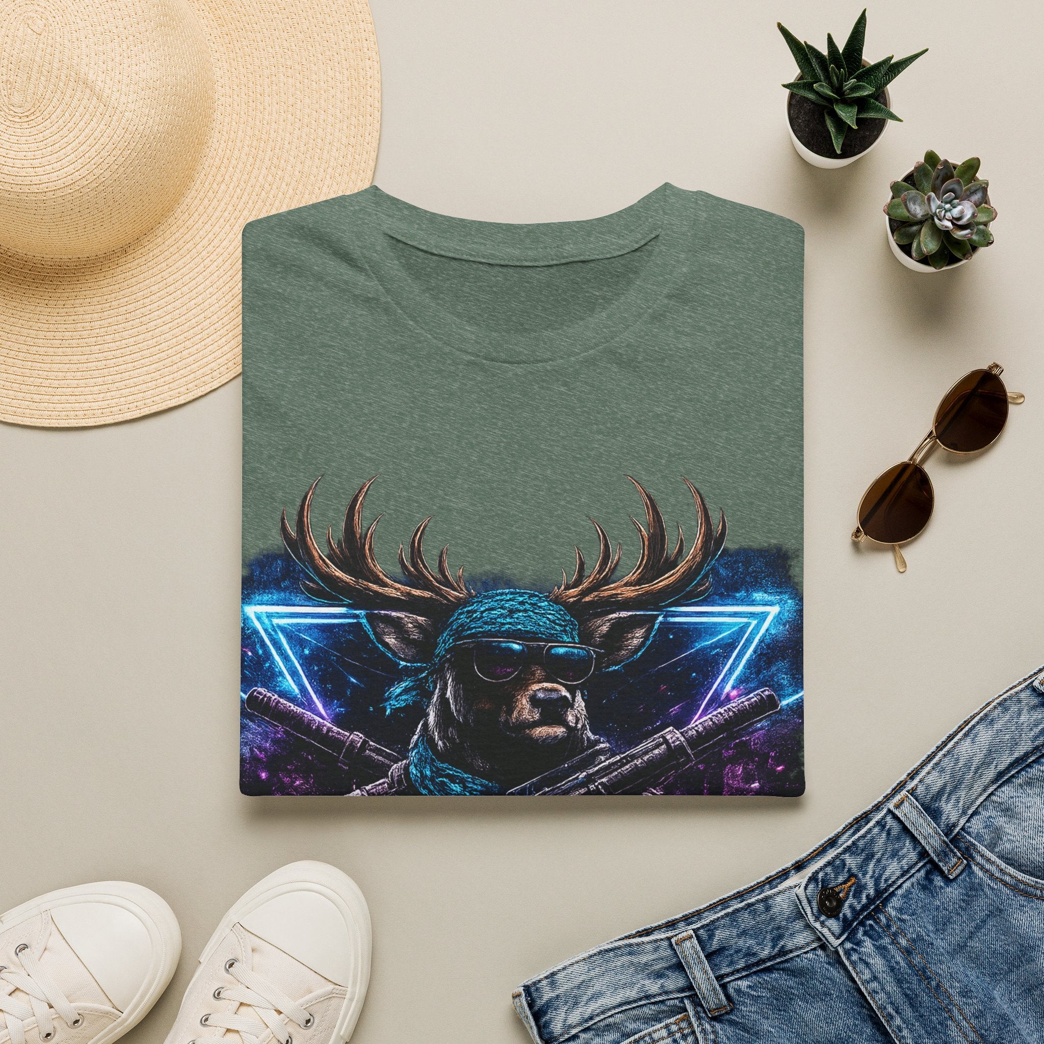 Deer Rambo Graphic T-Shirt — Neon Retro Buck Hunting Tee