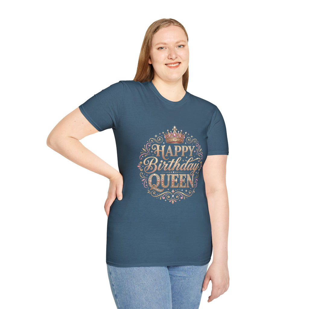 Happy Birthday Queen T-Shirt — Decorative Crown Birthday Tee for Women